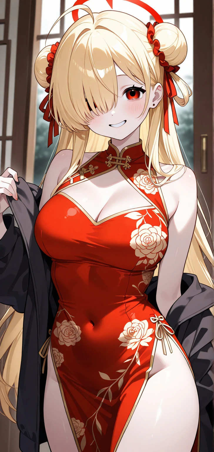 (art: 1.2), (best quality: 1.2) 1 woman, mature, tall (1.85), appeared to be around 25 years old, had long blonde hair, straight hair with curled ends, blood-red eyes like a ruby , extremely detailed eyes, perfect eyes, extremely realistic eyes, well-aligned eyes, long eyelashes, anime style, perfect face, milf face, smiling happily, happy smile is contagious, full lips, smiling, mature, fair skin, natural body, BODY SEXY, milf body, perfect hands, detailed hands, hands well proportioned to the body, realistic hands, arms with good anatomy, she only wore a red dress decorated in gold and silver that still couldn't hide her extremely large and huge breasts that hung down due to his size, thick thighs, wide hips, looking at the viewer, background scene, scene of a Chinese-style pavilion, posing alone Looking at the viewer