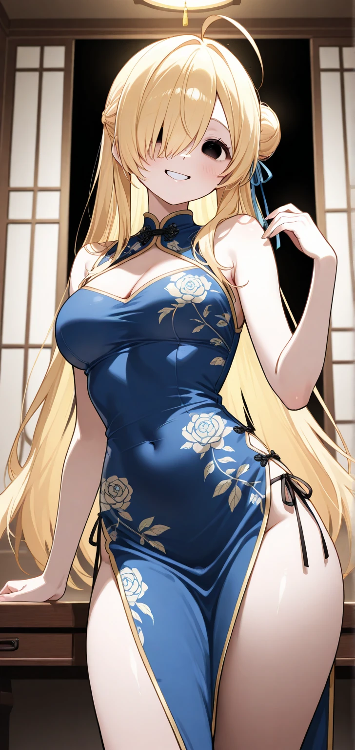<lora:Minami Fuyuki :0.8> minami fuyuki,  long_hair, blue_eyes, bangs, blonde_hair, ahoge, 1 girl, solo, blush, large_breasts,        <lora:rc_20240129133509:0.8>rc,china dress,, best_quality, highres, extremely_detailed, anime perfect detailed style, 8k, masterpiece, anime art style, anime coloring,