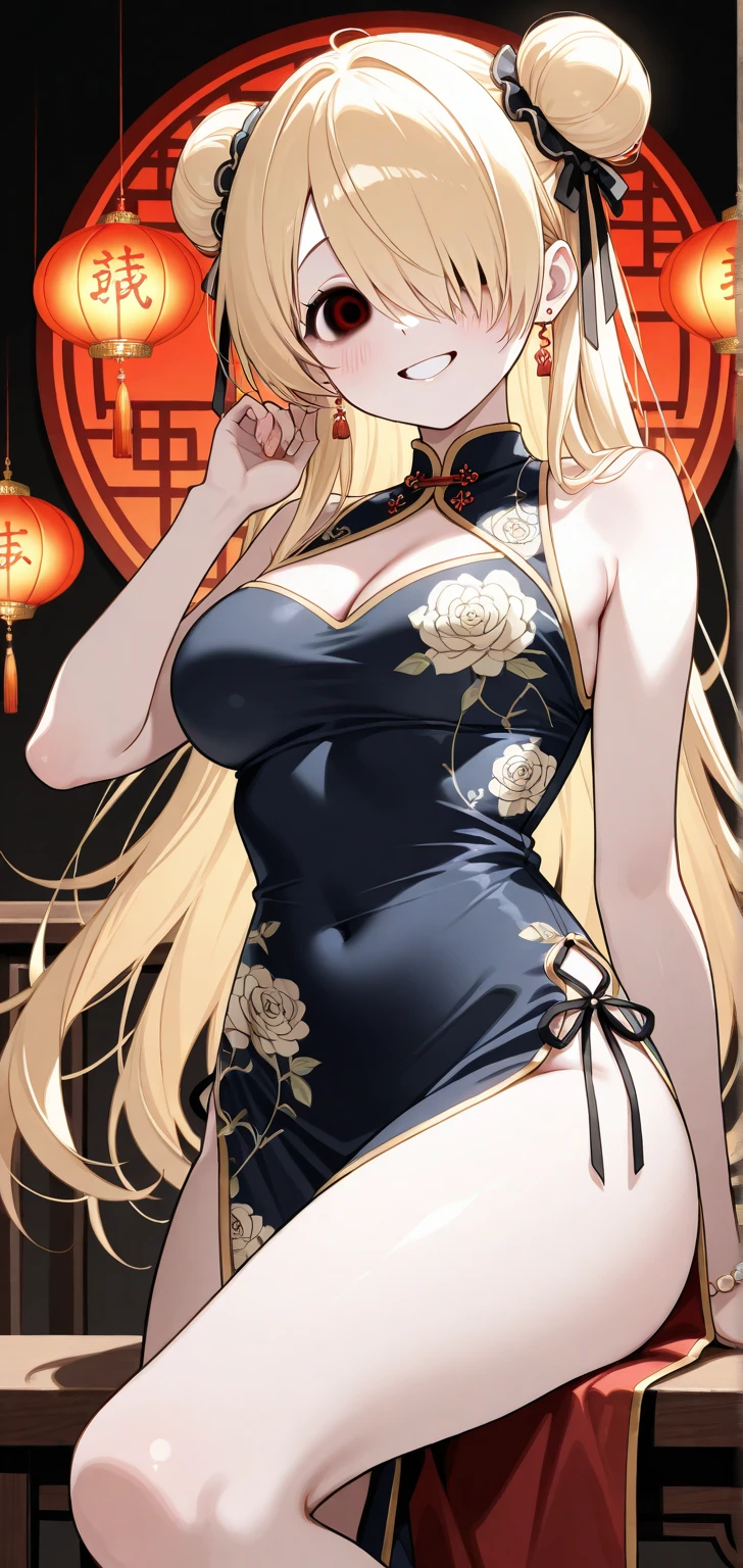 High resolution, Adult female , Good lighting, Despicable, , (No nudity), (((China dress))), (()), ((())), (garter belt), Abdominal area only, (), , Cute Face, I'blush with embarrassment, Humiliating, ((Looking Back)), ((See through))()(Thong)(A lot of stuff is attached to the body,)