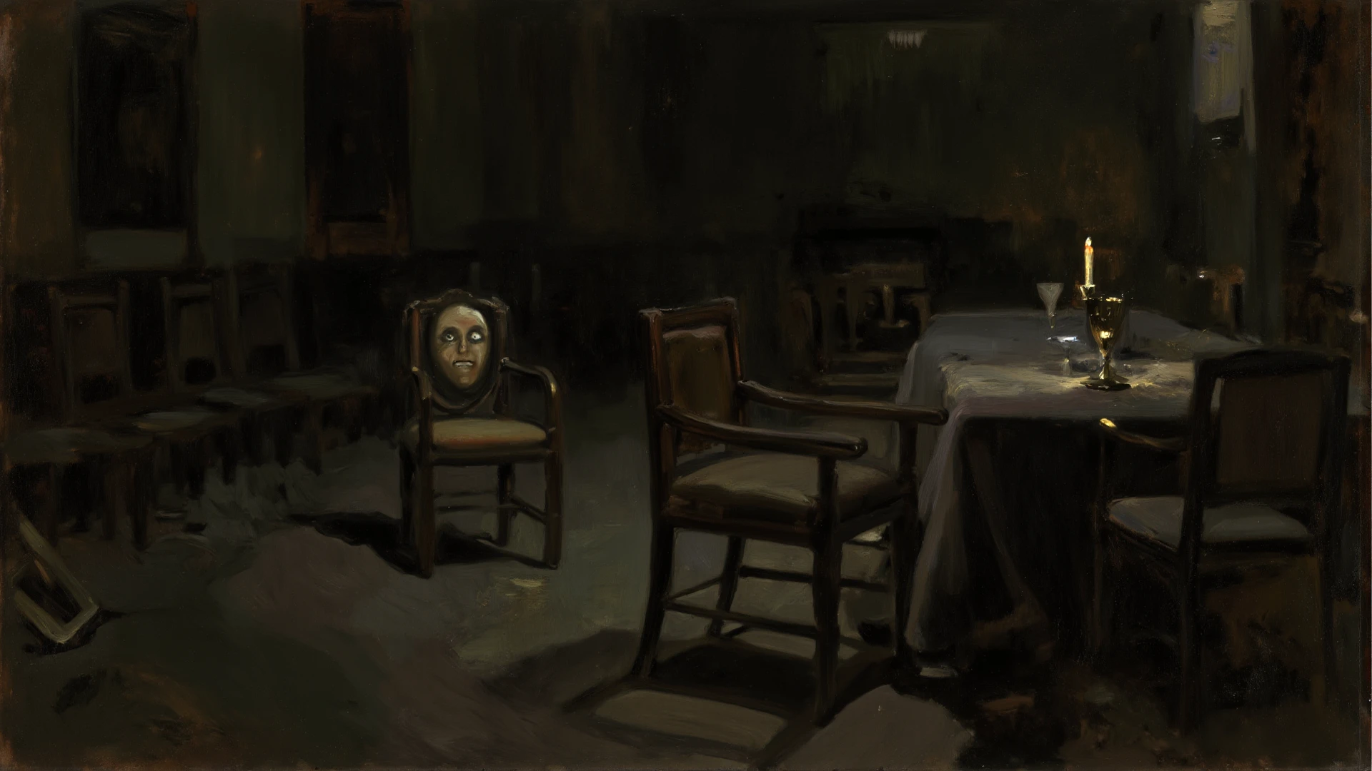undead sitting at the dining table in the kitchen, art by Boris Groh