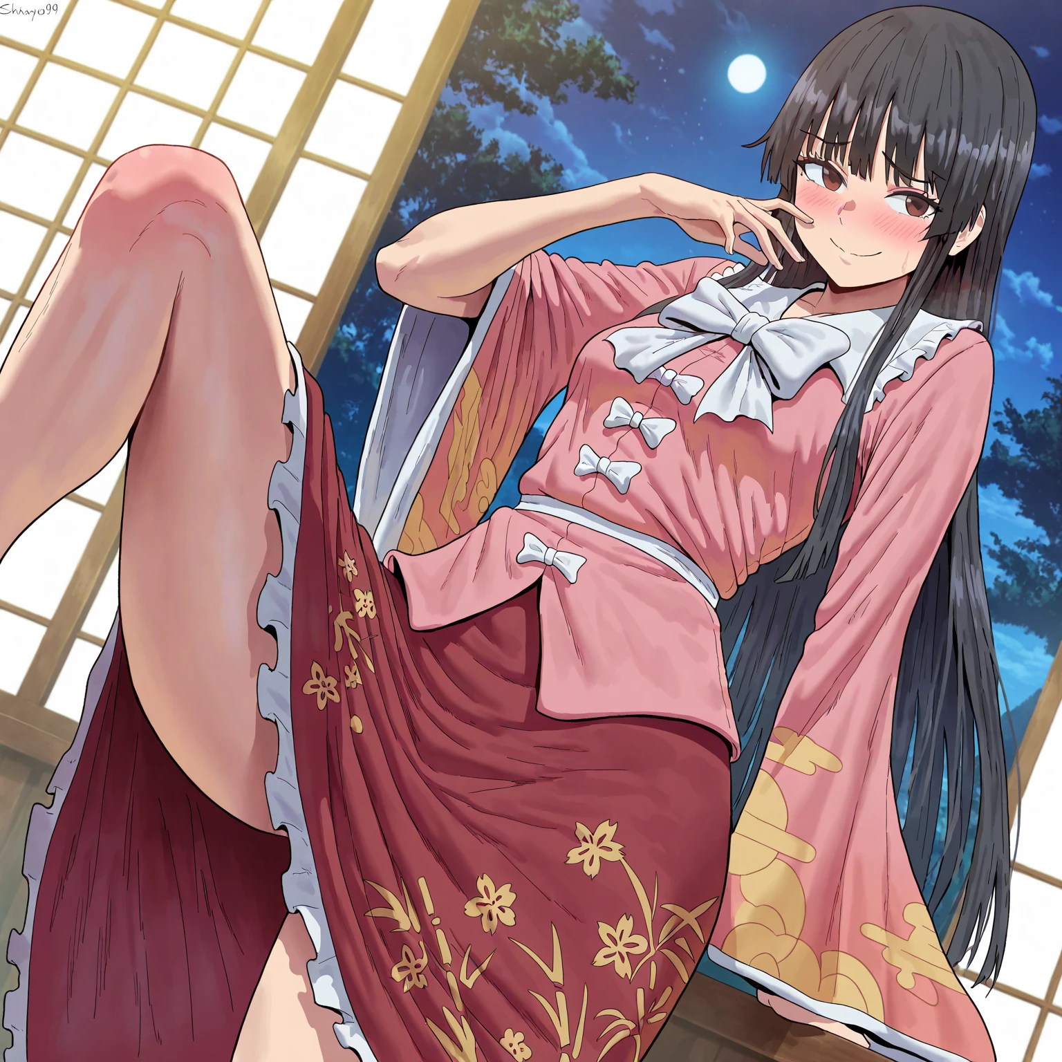 anime, 1 woman, 20 years old, Black Hair, Orihime,kimono,milky way,Starry Sky