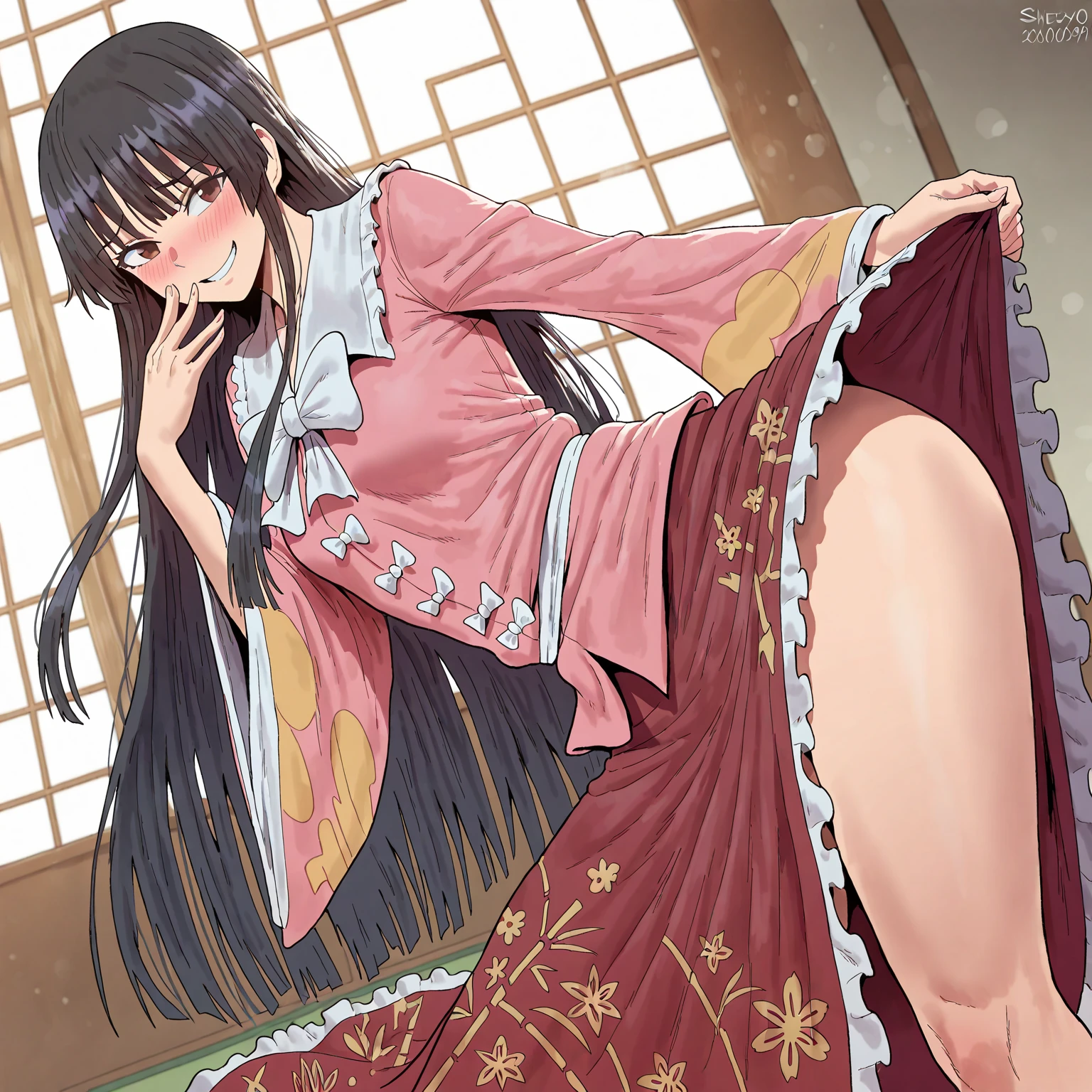 A tragic historical drama in 8k live-action style: Beautiful palace secrets Beautiful Chinese 10-year-old Kung Fu girl princess with long black hair defecating Gorgeous embroidery, Ultra glossy, She is wearing a shiny pink top and bottom long sleeve floral pajama kung fu suit.... She blushed、Covered with a floral blanket、Pierced She spreads her legs wide and poops from her anus、Filth、A large amount of poop drips out She turns her face away and blushes.