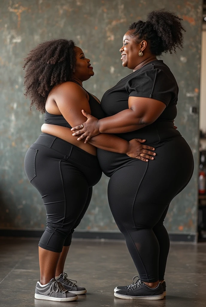 Create a photo of a single young woman aged 25, com pele branca e clara, slender and beautiful body, long brown hair, wearing black lace panties, and his white shirt is being lifted by a 90 year old woman, obese, dark black skinned
