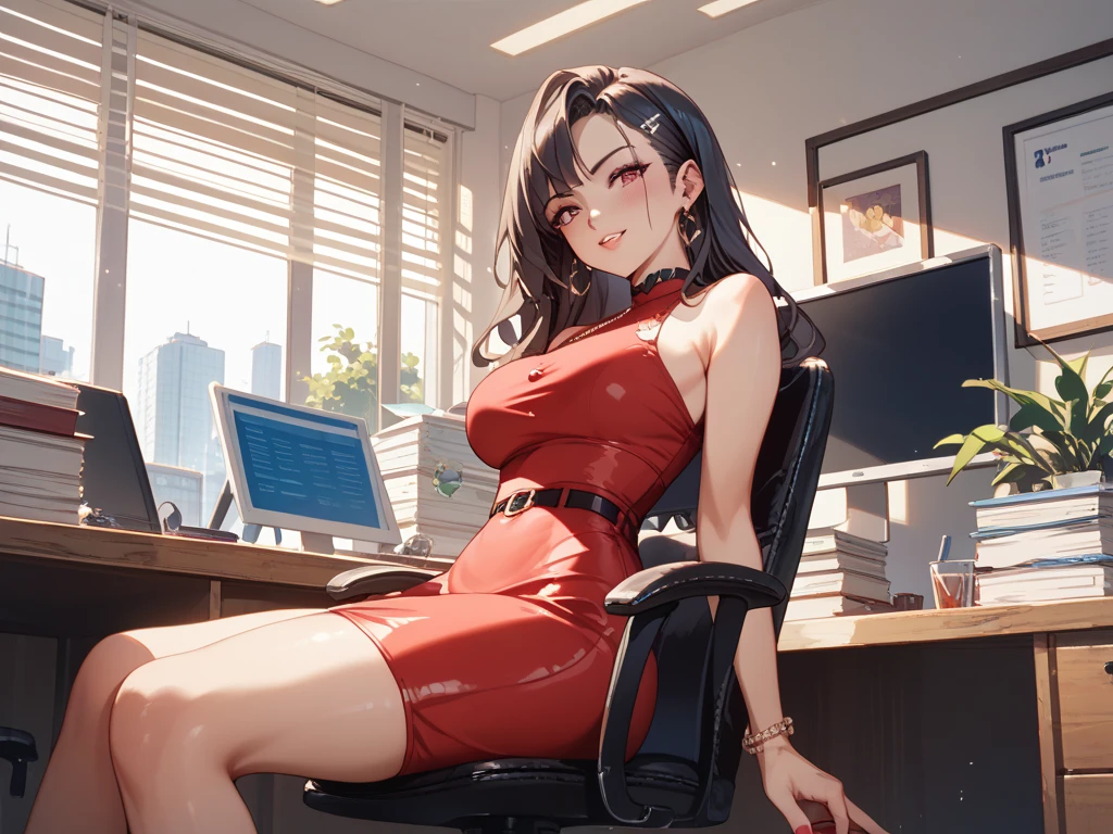 Young sexy woman wearing a red dress sitting on a chair, dim lighting, sexy, hot, lustful