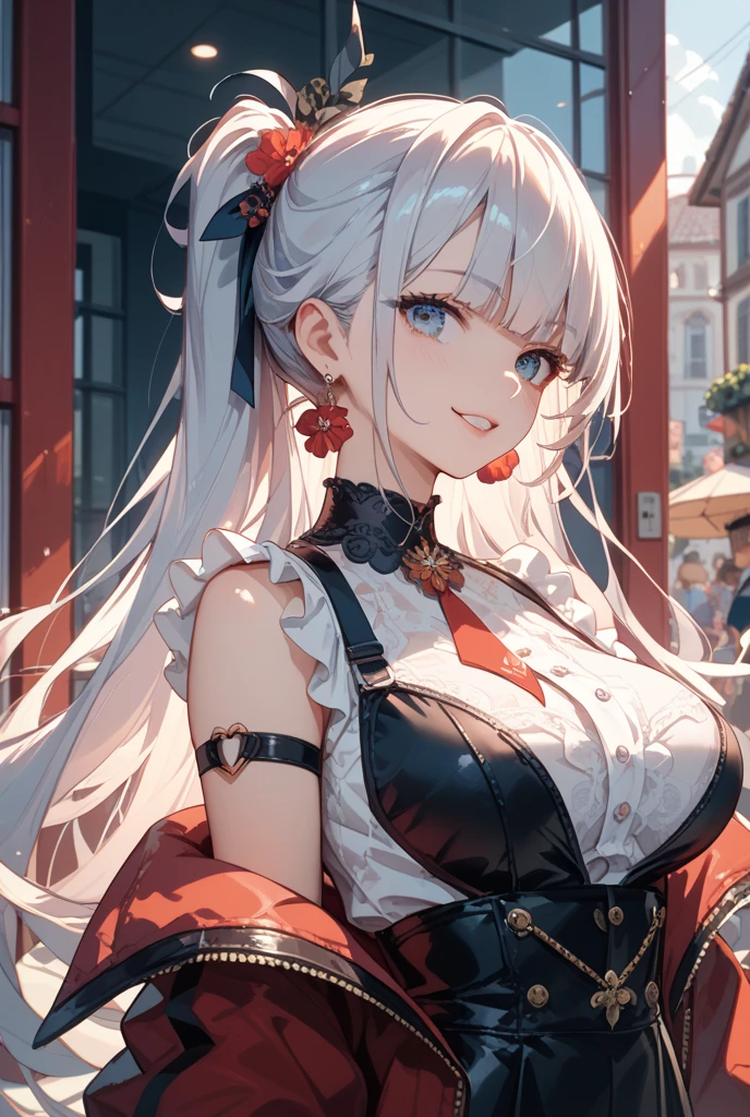 score_9, score_8_up, score_7_up, source_anime, (masterpiece), best quality, expressive eyes, perfect eyes, perfect face, oni girl, oni horns, red eyes, soft lips, long hair, very long hair, wide hips, (white hair:1.2), (white eyebrows:1), (white eyelashes:1), medium breasts:0.5, higuchi madoka, big breasts:0.3, standing, background: City, cat ears, white stockings,Black dress, (Red eyes:1.0), Green hair, Black frills, ribbons, bare shoulders