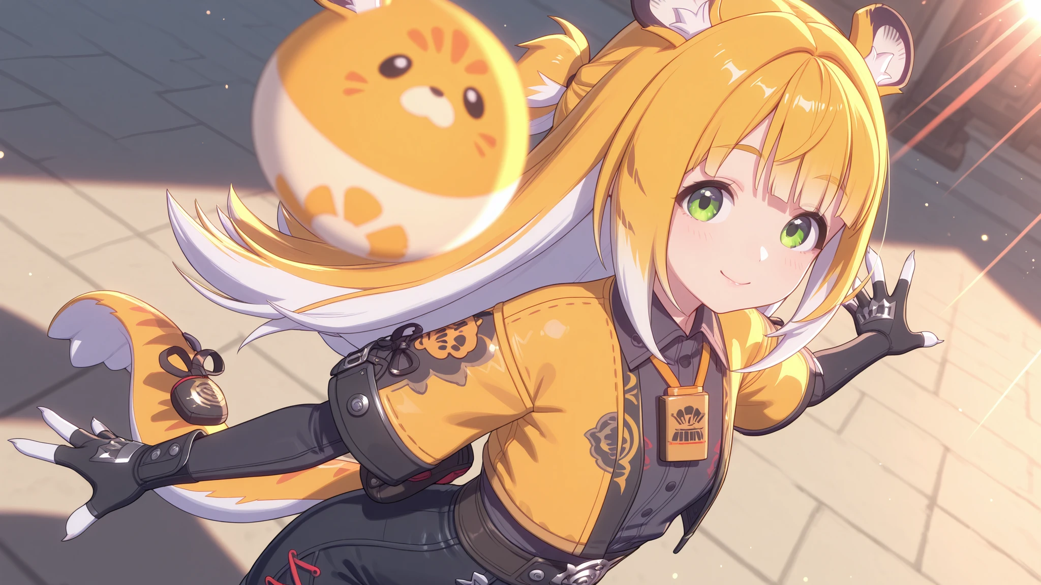 shiny skin, Posing,
JuFuFu,
Shine, Shine, sun beam,
high angle, looks at the viewer,
sweet smile, shows claws,