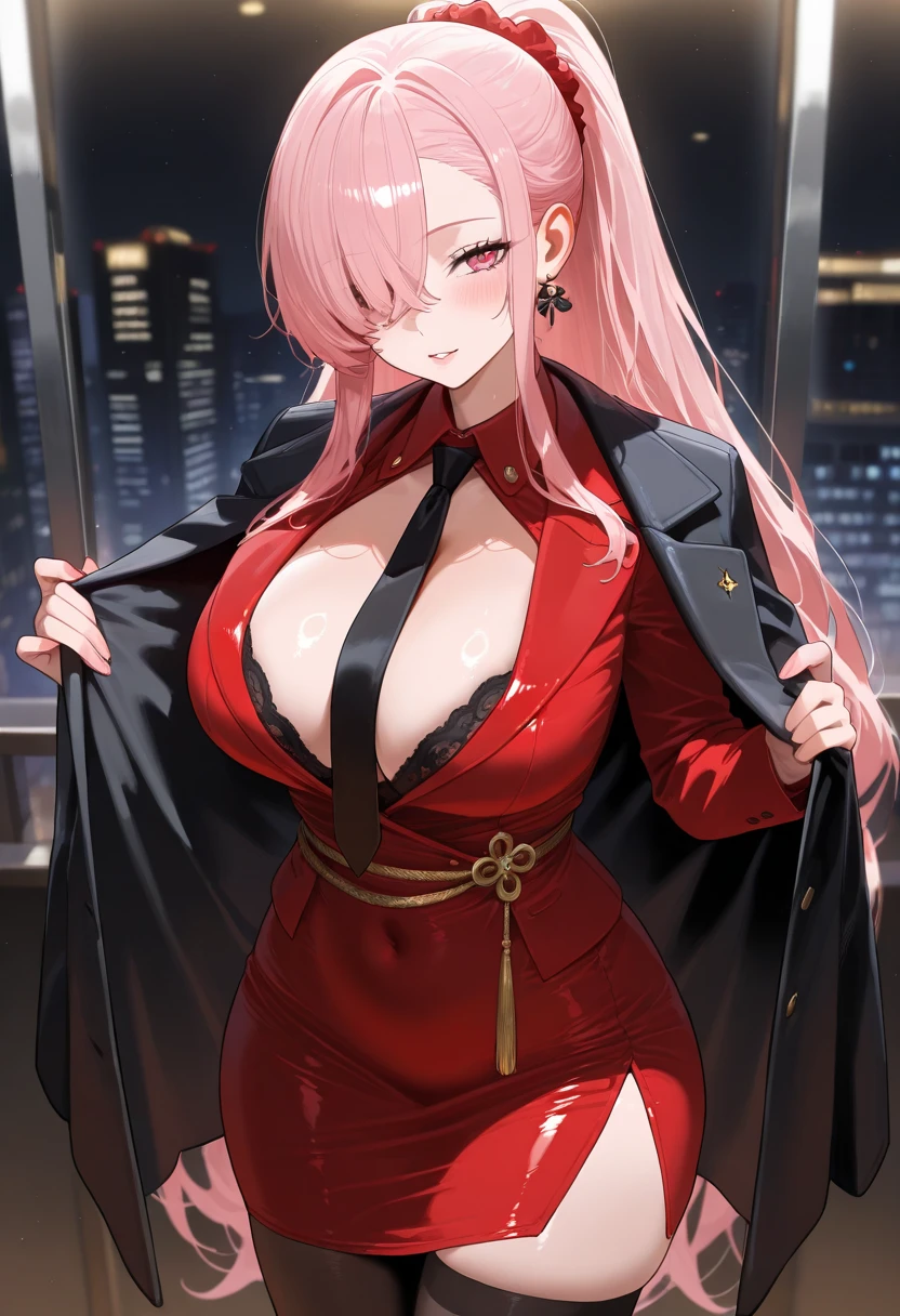 ((masterpiece、high quality、High resolution、4K, 8K, Blue archive official art、live-action)),detailed person、detailed face、detailed eyes、fine eyes、 (dripping sweat、oil skin,sparkling skin、realistic skin texture、detailed beautiful skin、shiny skin, big breasts、beautiful thighs, mature pretty woman、transparent eyes、sexy、(slender body and limbs,), (random pose) , ((clear eyes、double eyelid、big breasts))、((character : Aru Rikuhachima 、Blue Archive))、No buttons(A bright red long dress with a wide open neckline:1.8)、brown coat with fur、night scenery、building at night、dark、lights out、grayscale:27、full of embarrassment、blush、bright red face、shy、((slender、beautiful feet、low length))、standing pose、((steam,sweat,wat))、(Dress with deep slit)、With a bewitching smile、red stiletto heels