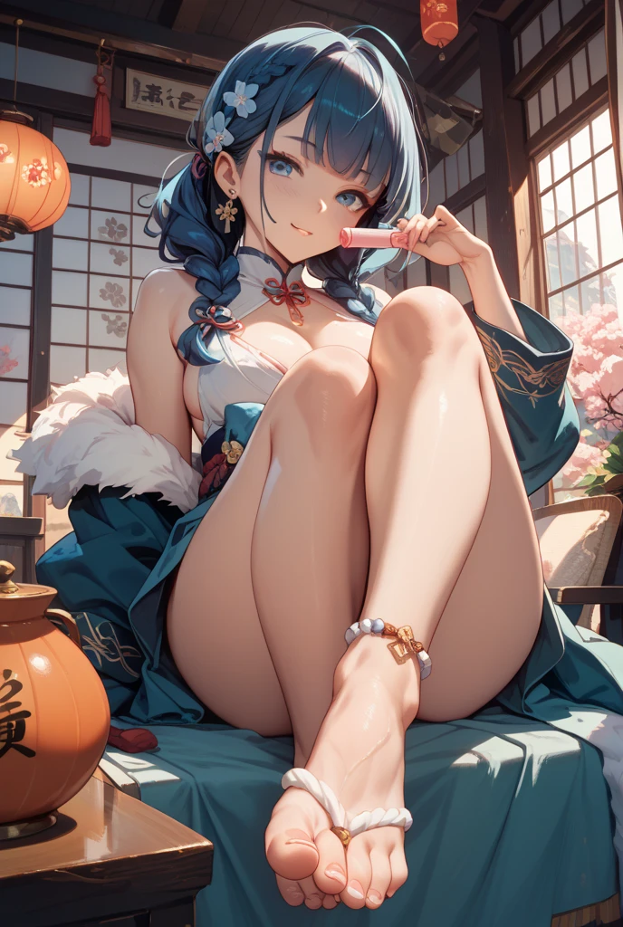 (Masterpiece, High Quality, Top quality, High-Detailed, Detailed CG, Cinematic Shadow, Cinematic Scene, Beautiful Detailed Eyes, Ultra Resolution, Depth of Field, High Resolution, Masterpiece: 1.2), Anime Art style, Very Detailed, Dynamic Angle, Detailed Green Hair, Detailed Blue Eyes, Purple Eye, Slim Body, Sparkling Eyes, Sparkling Detailed Eyes, Hair Accessory, Earrings, Slightly Blunt Bangs, Looking at the Audience, Cute, Five Finger, (Angry Expression:1.0), (Ancient Chinese Undergarments), (Chinese Undergarments), (Chinese Undergarments), (Chinese Undergarments Lingeries), Lingeries, Underwear, Good Composition, Bared Shoulder, Legs, Spread Legs, Feet, On Table, Sitting, Thigh, Small Breasts, Small Size Breasts, (Body Cover With Sweat), Blur Background, Chinese Architectures