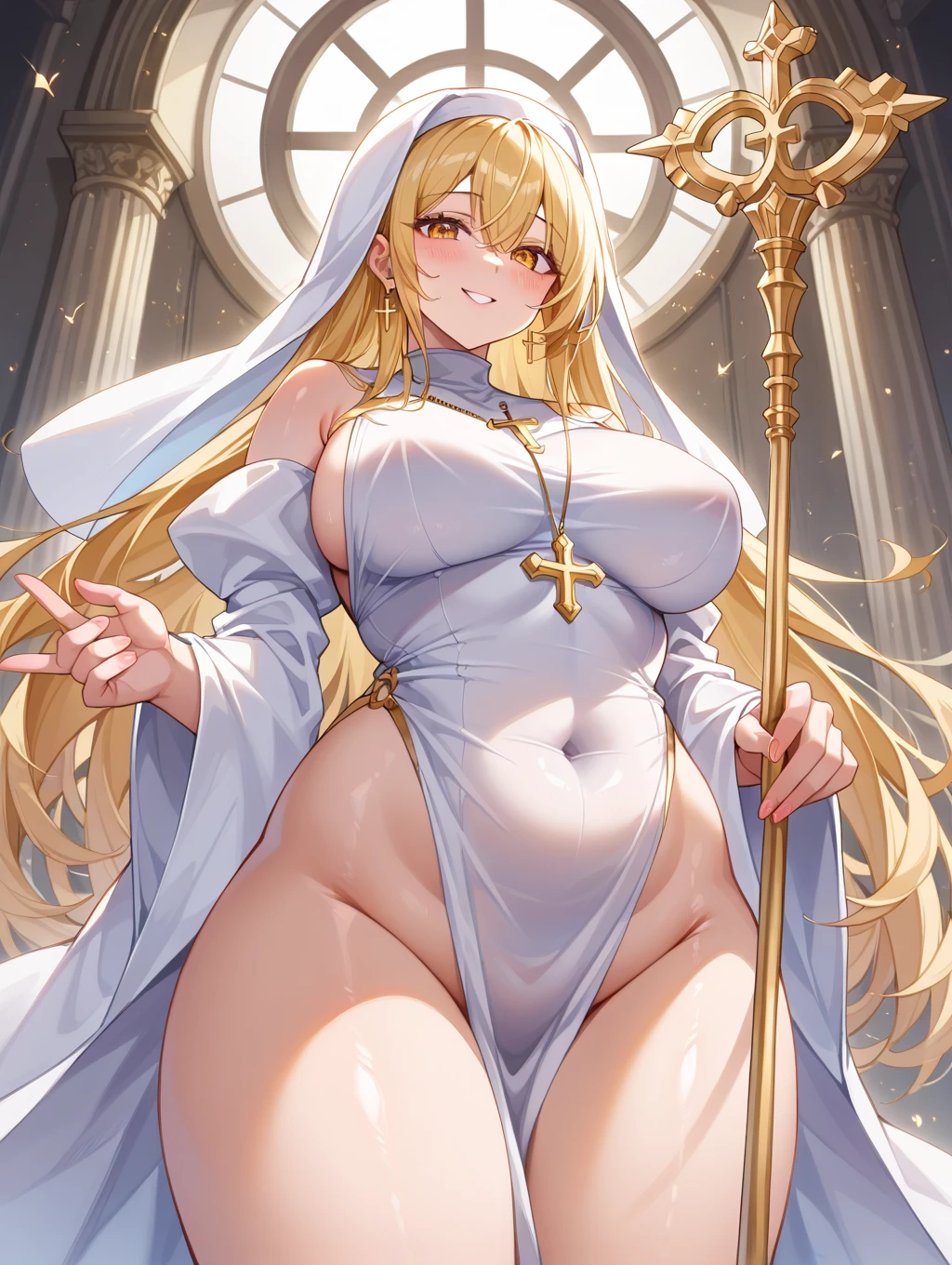 (hero neisan art style:0.7), score_9, score_8_up, score_7_up, score_6_up, uncensored, olgamarie, yellow eyes, white hair, long hair, side braid, BREAK (masterpiece:1.2), best quality, high resolution, (detailed eyes:1.3), perfect lighting, (perfect hands, perfect anatomy), large breasts,  1girl, breasts, female pubic hair, excessive pubic hair, nipples, solo, barefoot, staff, feet, large breasts, jewelry, veil, sitting, soles, spread legs, pussy, orb, navel, pussy juice, seductive smile, drooling, toes, own hands together, necklace, large areolae, leg up, earrings, full body, topless, praying, forest, asian forest, field, low light, tree, fireflies, bokeh