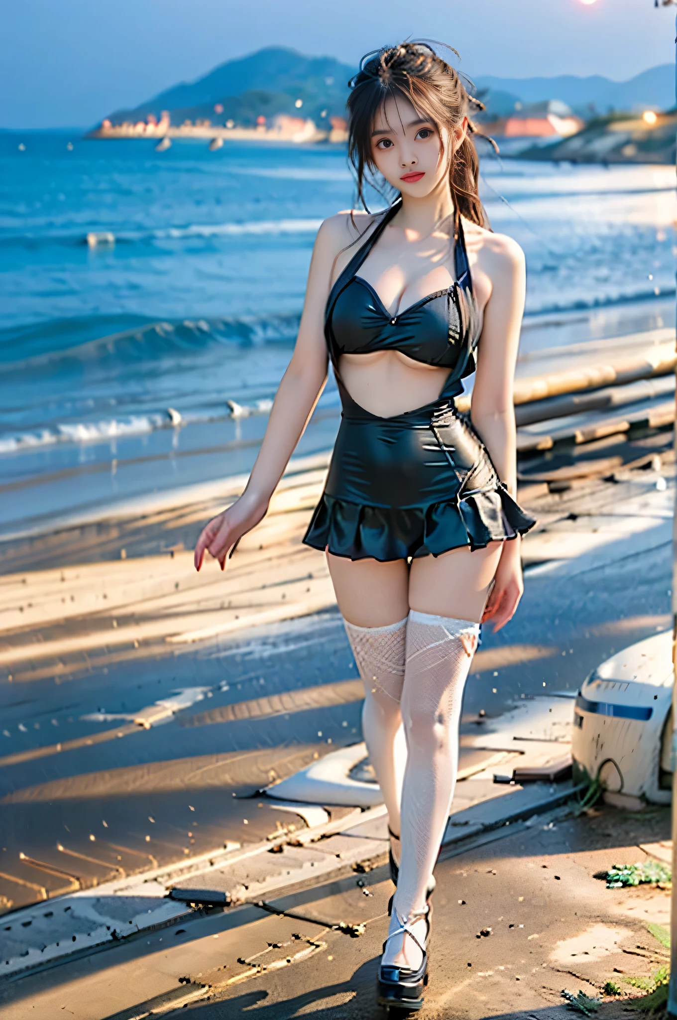 ((Biologically correct limb count)),((Natural finger shape)),((Full Body Shot,Including face)),Standing position,4K,masterpiece,((Focus on the face)),((Symmetrical facial features)),Eye for detailed depiction,Beautiful woman,Excellent style,Beautiful feet,(Small Ass,Thin thighs),(Patterned black stockings,High heels),Facial detailing,Small earrings,necklace,Low angle photo,((Bikini Swimwear,Lifting the skirt to reveal panties)),Park scenery on a holiday morning,Strong sunlight,(((A facial expression of pleasure))),(((Bathing in the sea))),((Hands lifting from under your chest)),(Face the camera),Photograph the side of the body,Long blonde