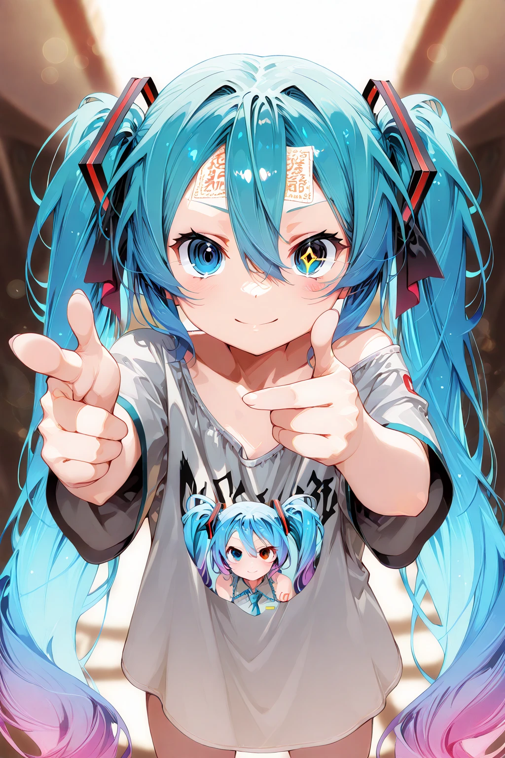 1girl, solo, Hatsune Miku, turquoise hair floating on the face like a castle in the English countryside, twin tail, hair ribbon, Bangs on forehead, hair between eyes, heterochromia iris, detailed eyes, blue eyes, PinkEye, 
Grey Tee, Short sleeve, loose shirt,
Pointing, Hand Focus, compulsory distance law, hand gesture, dynamic poses, hands, finger gun, Pose reflected on the face, Playful Poses, 
Concentrated Expression, Intense gaze, faint smile pointing, Dramatic perspective, Meme Style, soft lighting, blurry background, Bokeh, Depth of field of writing
Masterpiece,best quality,great quality,very aesthetic,very high resolution,Newest, anime coloring, multicolor