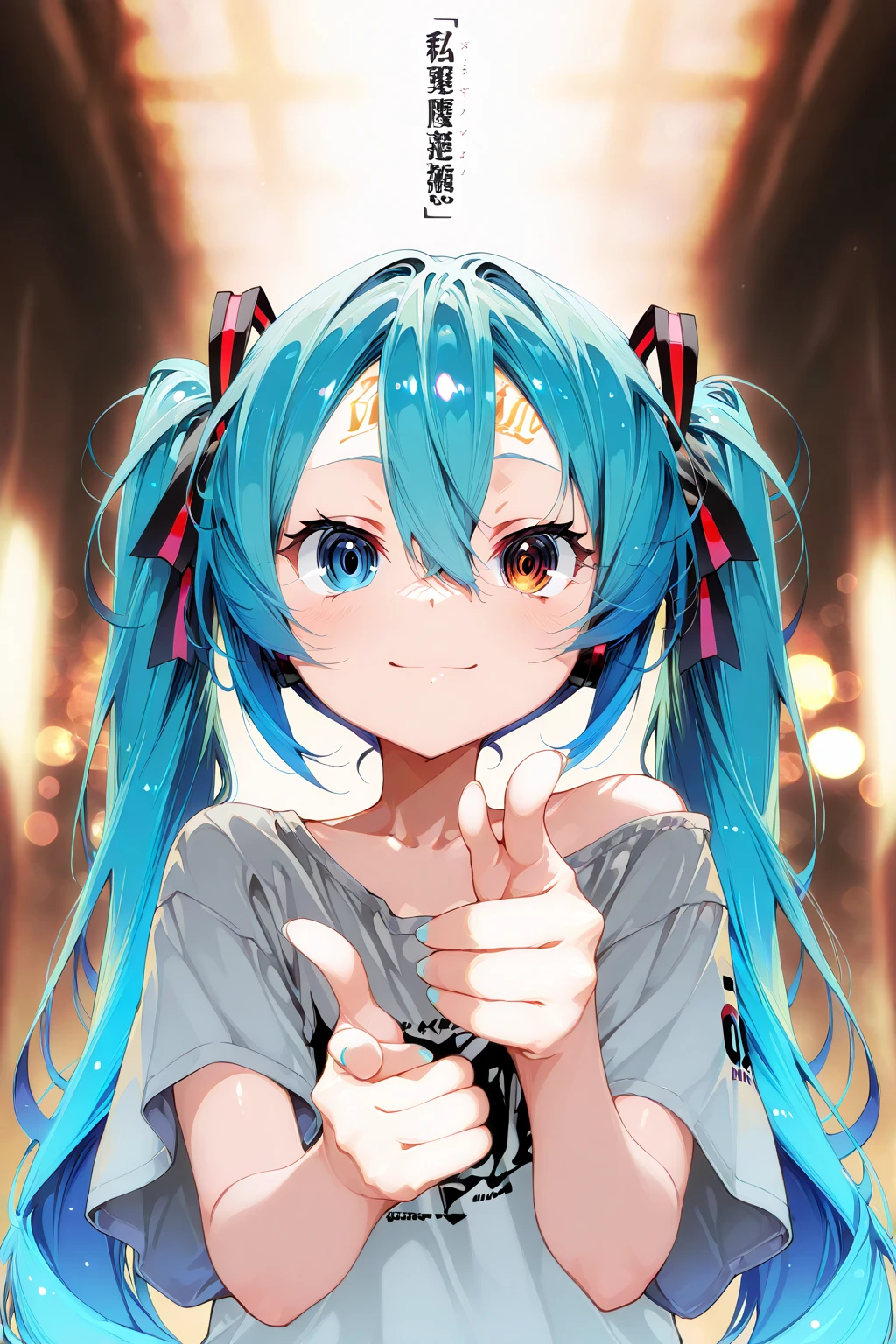 1girl, solo, Hatsune Miku, turquoise hair floating on the face like a castle in the English countryside, twin tail, hair ribbon, Bangs on forehead, hair between eyes, heterochromia iris, detailed eyes, blue eyes, PinkEye, 
Grey Tee, Short sleeve, loose shirt,
Pointing, Hand Focus, compulsory distance law, hand gesture, dynamic poses, hands, finger gun, Pose reflected on the face, Playful Poses, 
Concentrated Expression, Intense gaze, faint smile pointing, Dramatic perspective, Meme Style, soft lighting, blurry background, Bokeh, Depth of field of writing
Masterpiece,best quality,great quality,very aesthetic,very high resolution,Newest, anime coloring, multicolor