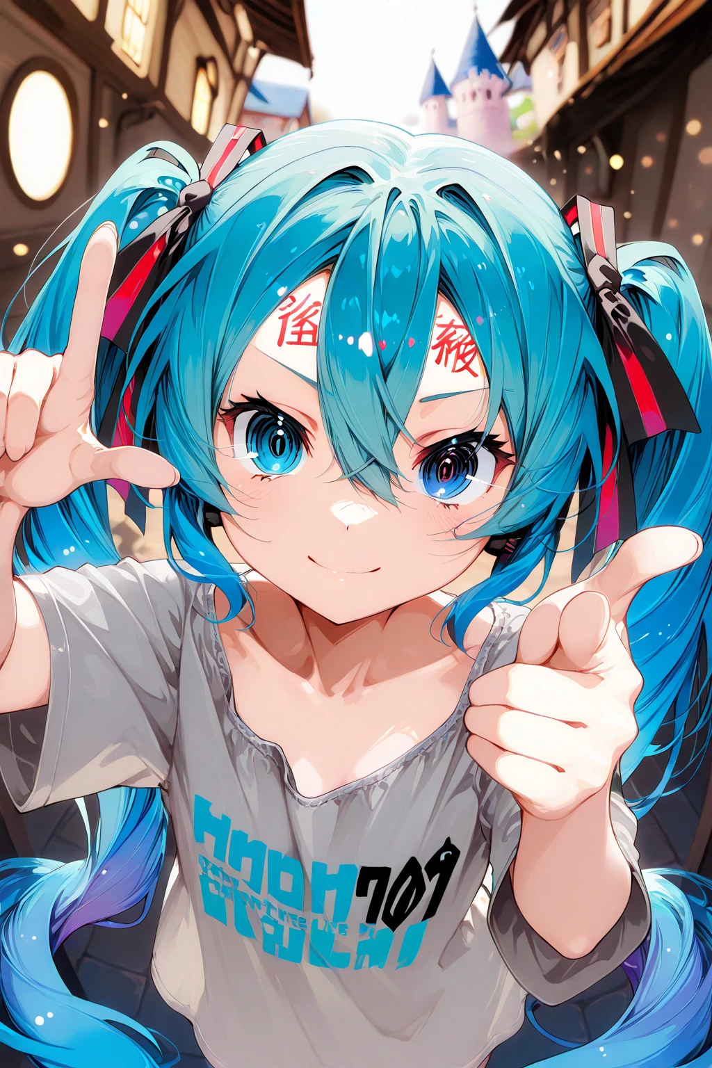 1girl, solo, Hatsune Miku, turquoise hair floating on the face like a castle in the English countryside, twin tail, hair ribbon, Bangs on forehead, hair between eyes, heterochromia iris, detailed eyes, blue eyes, PinkEye, 
Grey Tee, Short sleeve, loose shirt,
Pointing, Hand Focus, compulsory distance law, hand gesture, dynamic poses, hands, finger gun, Pose reflected on the face, Playful Poses, 
Concentrated Expression, Intense gaze, faint smile pointing, Dramatic perspective, Meme Style, soft lighting, blurry background, Bokeh, Depth of field of writing
Masterpiece,best quality,great quality,very aesthetic,very high resolution,Newest, anime coloring, multicolor