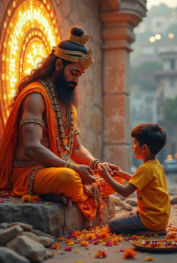 A boy tie rakhi to Hanuman ji