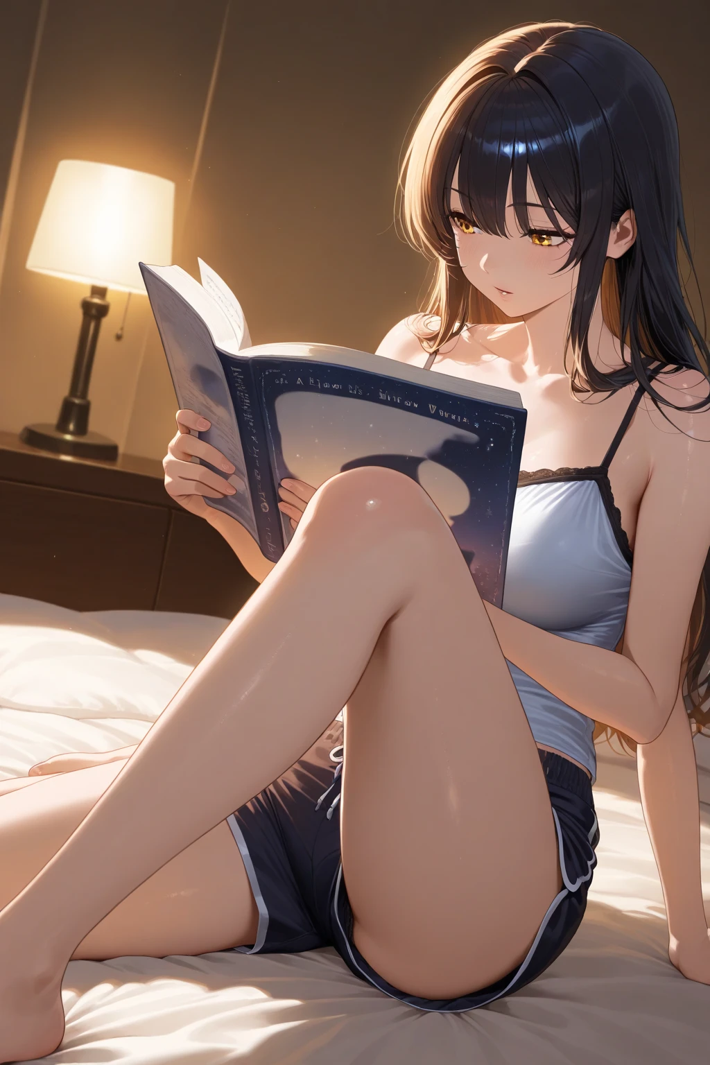 ((Biologically correct limb count))、(( Full-body photo including face))、4K、masterpiece、((Symmetrical facial features))、Eye for detailed depiction、Beautiful woman、Excellent style、Beautiful clavicle、Beautiful feet、Beautiful Hands、Slender body、(Small Ass、Thin thighs）、(High heels）、Facial detailing、Small earrings、necklace、Glancing sideways、Great background、Low Angle、Sitting and reading a book