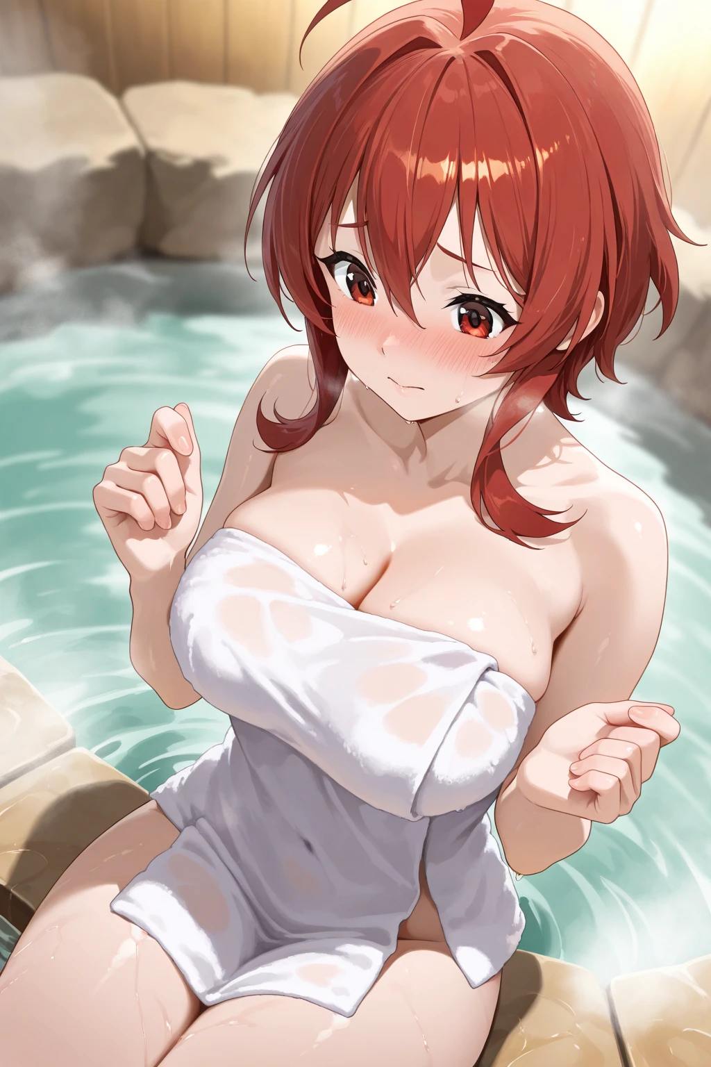 score_9, score_8_up, score_7_up, source_anime, sakimiya iruka, red hair, (green eyes, one side up), medium hair, green scrunchie, hair ornament, shiny skin, rating_explicit, large breasts, large ass, naked towel, embarrassed, (tearful:1.2), open mouth, wet clothes, squatting, open legs, onsen,