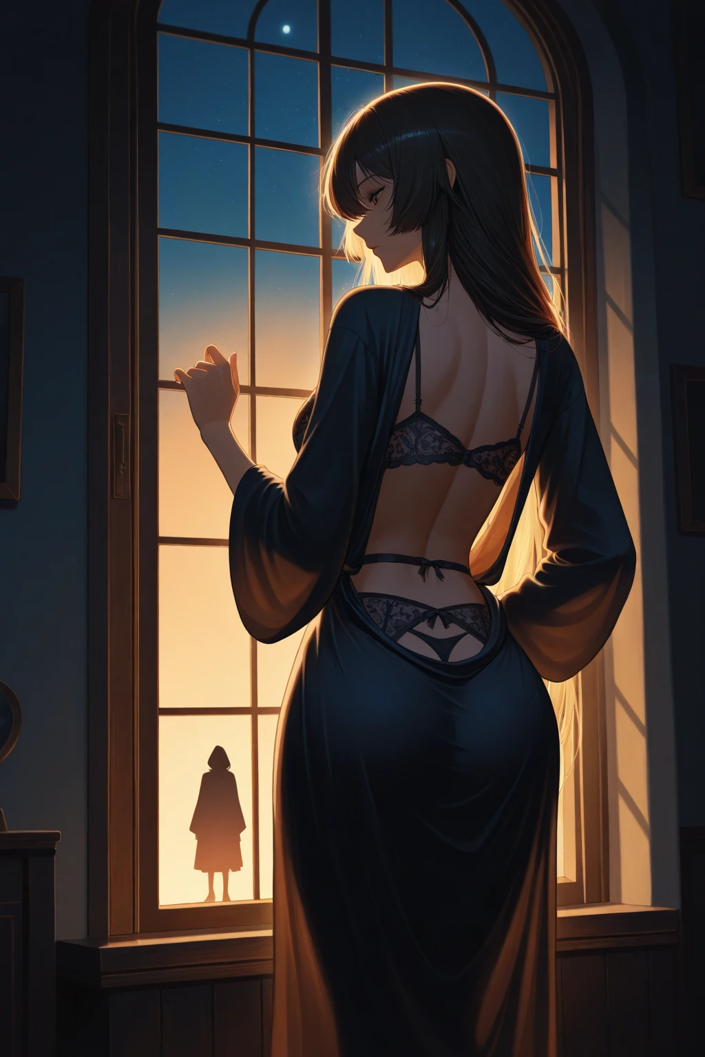 ((back view:1.4)),(Greek revival hotel room),(lustful eyes, flirty smile:1.3).,(ultra realistic illustration:1.3).Sexy 23yo French woman, dyed red hair, green eyes. fit, natural perky breasts, perfect round ass, (suntan). (bangs, long hair:0.8), smoky eye, mascara, choker, Mardi Gras beads, black sheer lace lingerie,high heels. Masterpiece, best quality,(highly detailed:1.2),(detailed face and eyes:1.2), 8k wallpaper, depth of field, natural lighting. core shadows, high contrast, bokeh.(rule of thirds), cinematic, atmospheric, contrast, intricate.(romantic, sensual)