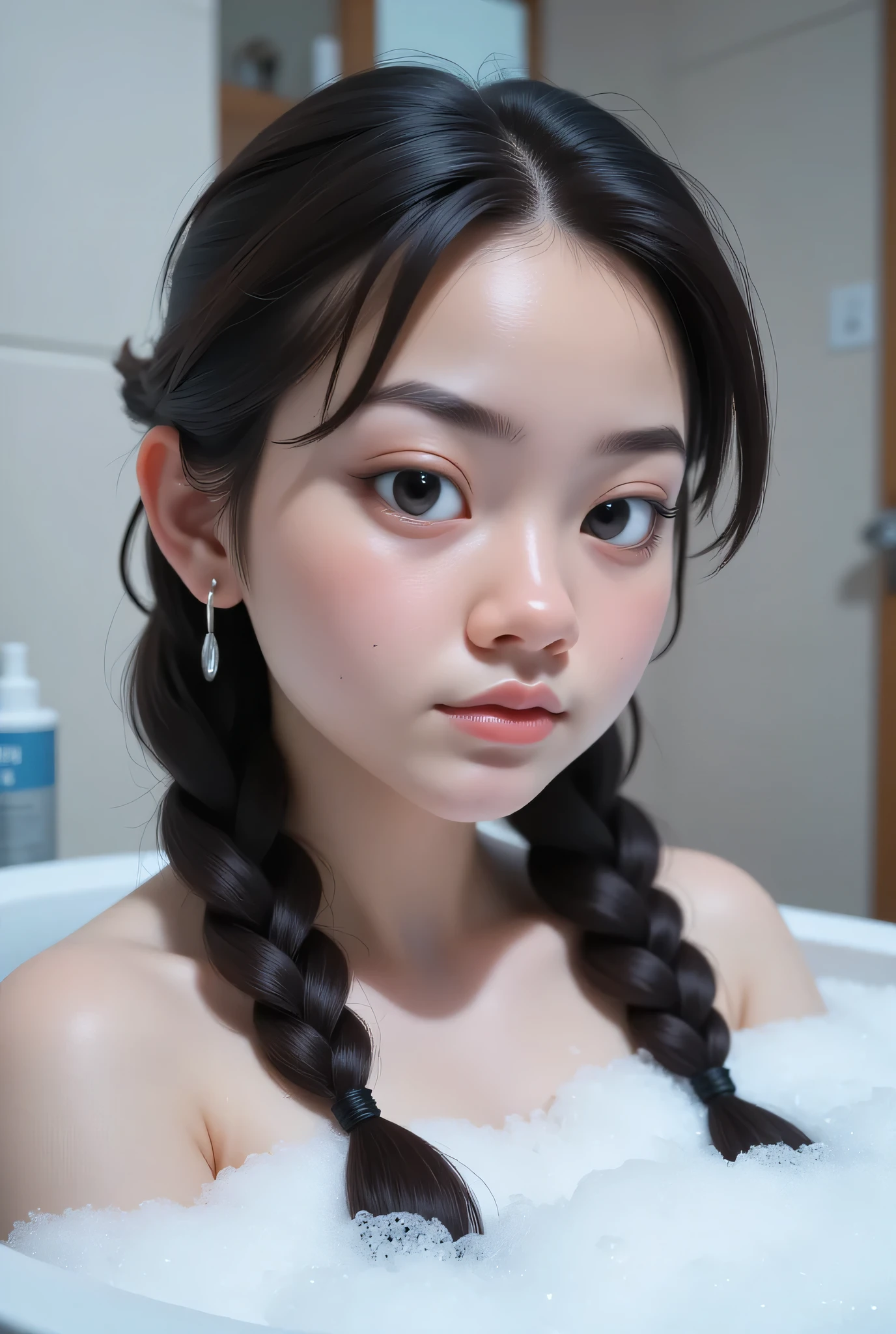 Chubby, The facial reaction is very gloomy and sad, CREATE ANIME CARTOON 3D PHOTO, "A highly realistic, ultra-detailed portrait of a woman relaxing in a bubble bath, captured in the best settings of a SONY A7R with a fast prime lens (f/1.8). The scene features a minimalist bathroom with soft, natural lighting, emphasizing the subject's smooth skin, delicate facial features, and the dynamic texture of the foam. Hyper-detailed textures, cinematic lighting, and a sharp focus create an immersive depth. 32K resolution, photorealistic rendering, skin pores and water droplets visible, ultra-sharp image, professional photography style." Wajah KELIHATAN muram Dan sedih, Two braids hairstyle Left and right