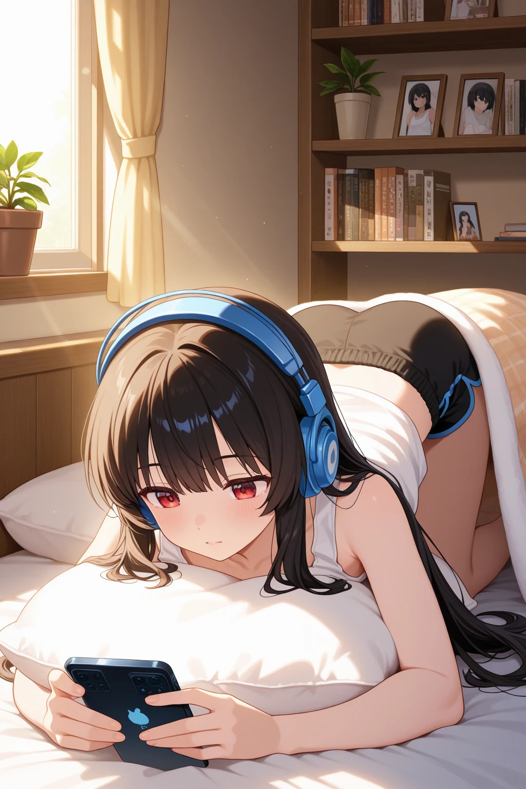 Bedroom, sleep, window, night, Computer, headphones, chuunibyou, 1 girl, Fisheye, very long hair,