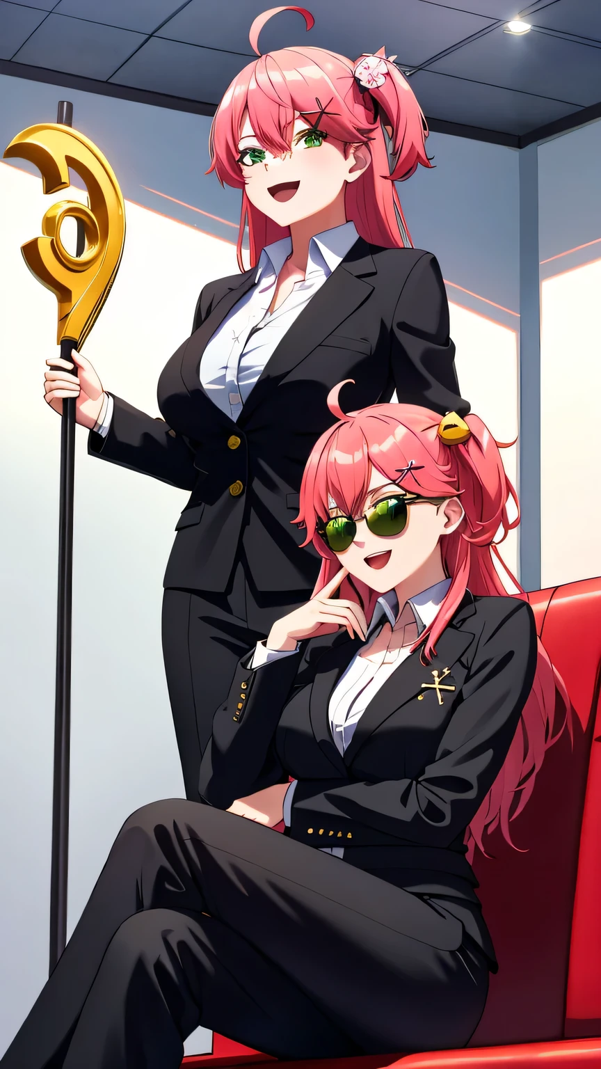 {{{masterpiece}}}, (best quality:1.5), (ultra-detailed:1.5), {illustration}, {{an extremely delicate and beautiful}}, (beautiful detailed eyes:1.6), absurdres, highres, extremely detailed face, 16k, hd, visual anime de uma jovem mulher, extremamente bonito rosto de anime, anime melhor garota, (perfect hands, perfect anatomy), (five fingers:1.1), anime face, Sakura Miko(Hololive), sakura miko, 1girl, solo, cute face, pink hair, long hair, ahoge, (one side up:1.4), x hair ornament, hairclip, hair bell, hair between eyes, bangs, flushed cheeks, (green eyes:1.2), large breasts, big hips, curvaceous, BREAK, Mafia Boss, black clothes, (Business Suit:1.5), black pants, black tie, cigar in mouth, (sunglasses:1.2), BREAK, crossed arms, smiling, open mouth, hand on own face, (black sofa:1.2), sit on a sofa, (cross your legs:1.2), indoor, (staff room:1.3), conference room