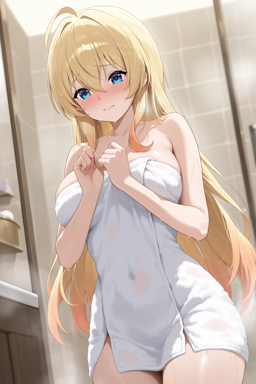 (masterpiece), (top-quality), (Naked:1.3), (Camisole dress:1.2), (See-through:1.5), (Hide your crotch with both hands:1.3), (See-through:1.5), Thin fabric, (blushed face:1.3)、 (Spilling:1.2)、under the boobs、 sideboob barbosa、 a beauty girl、 Embarrassed look、 Smile、 Very cute、 Clear eyes、 Shining eyes、 Colossal tits、 Tummy is visible、 cleavage of the breast、 lower abdom、 The skin、 ultra-definition、 Golden hair
