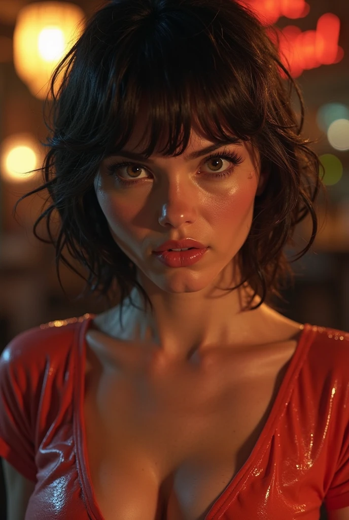 (35mmstyle:1) ((portrait photo) artstyle close portrait photo film still of A close-up portrait of a confident woman, with a fierce expression and piercing gaze, standing against a backdrop of a bustling cityscape with towering skyscrapers and bright lights, depth of field, Cinematic film still, 35mm
