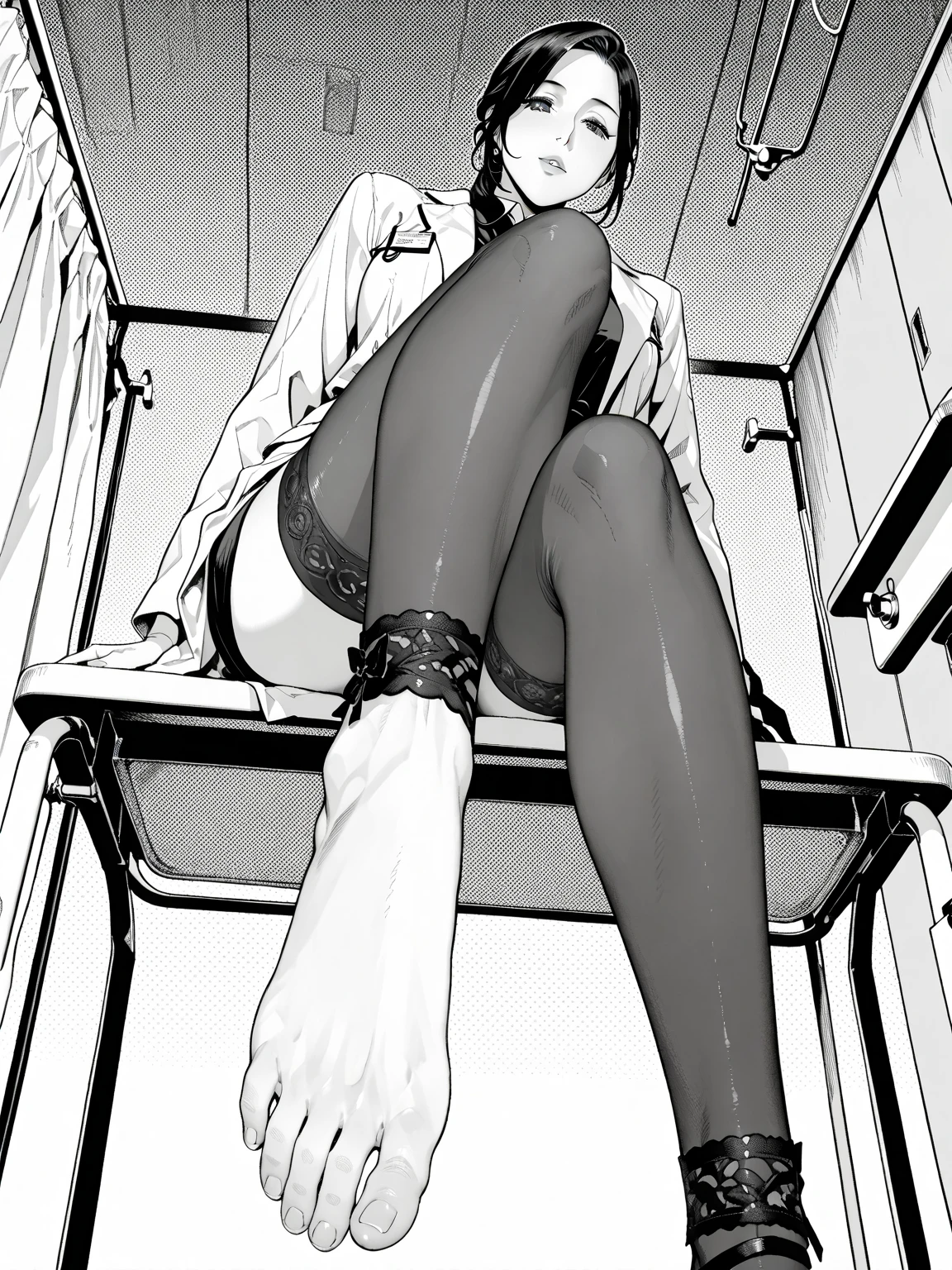 (depicting a single moment from a manga for adults), (hand-drawn), ((simple line art)), ((manga-style line art background)), (only 5 colors used), ((a naked woman, only bra wearing, round face, eyes with realistic sizing, drooping eyes, blush, sweat, shame smile, thin lips, spread her legs)), (((straddling to hit her crotch on the pipe for masturbation, orgasm))), open mouth, in the narrow factory, machines, (angle from below, close up her crotch),