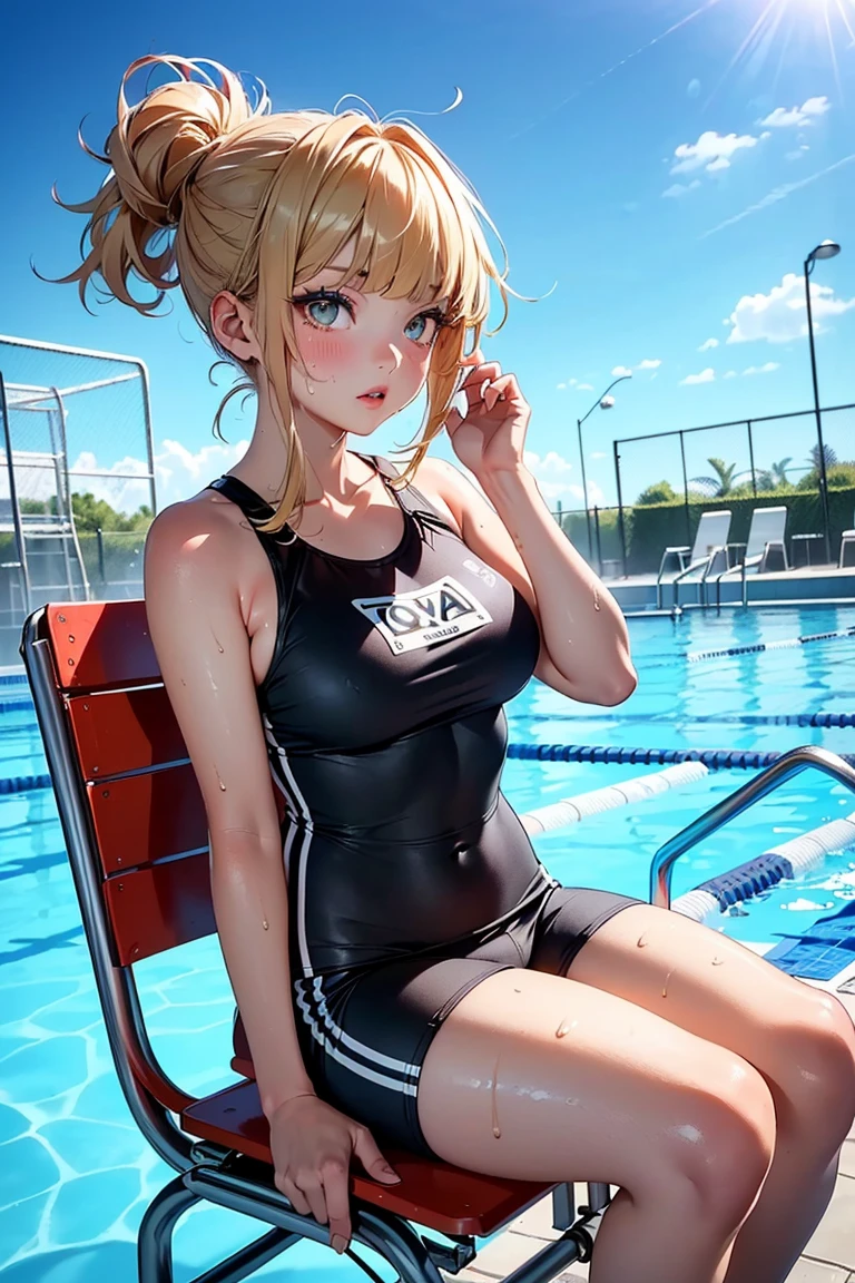 long gloves、brown loafers、black calf length socks、Open your thighs wide to the left and right、squat on the ground、((latex old school swimwear:1.3、sit, spread your legs:1.3, arm behind head ))、12 years old、absurdes、blonde pigtails、flat lighting、elevation angle、sexy pose、highest quality、complex、surreal、perspective, very detailed, detailed background, shape、1 girl、alone、small breasts、light smile、Daytime、Outdoor、Poolside、
