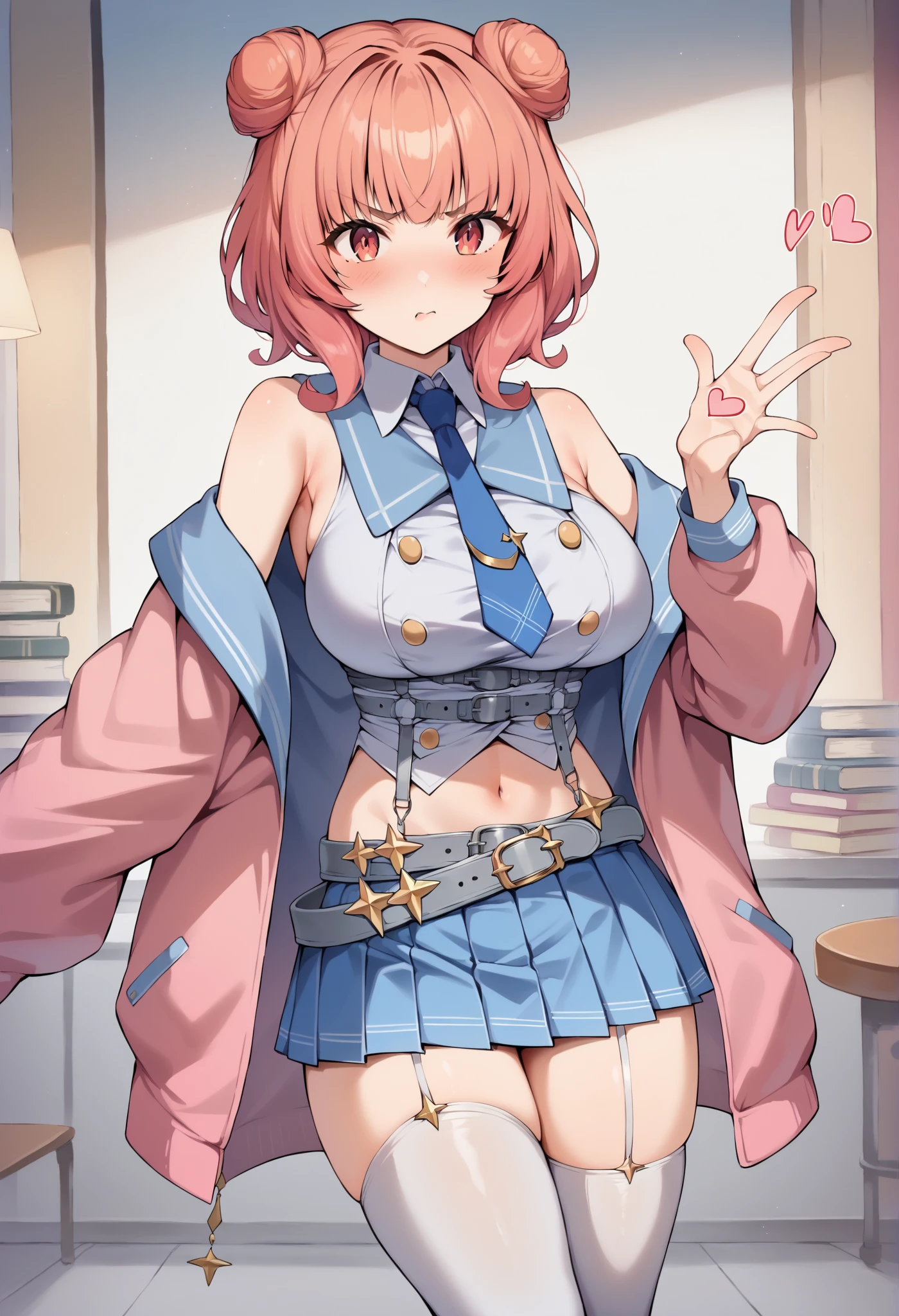 <lora:Degen-Emily-000008:.85> 1girl, emilyab, short hair, pink hair, twintails, blush, blue eyes, closed mouth, smirk, white hoop earrings, collar, blue degen_necktie, cleavage, strapless black top, buttons, medium breasts, bare shoulders, detached sleeves, longsleeves, armband, bracelet, midriff, navel, blue miniskirt, hands on hips, <lora:add_detail:-.35> <lora:GoodHands-beta2:1> <lora:age_slider_v1:-.5>