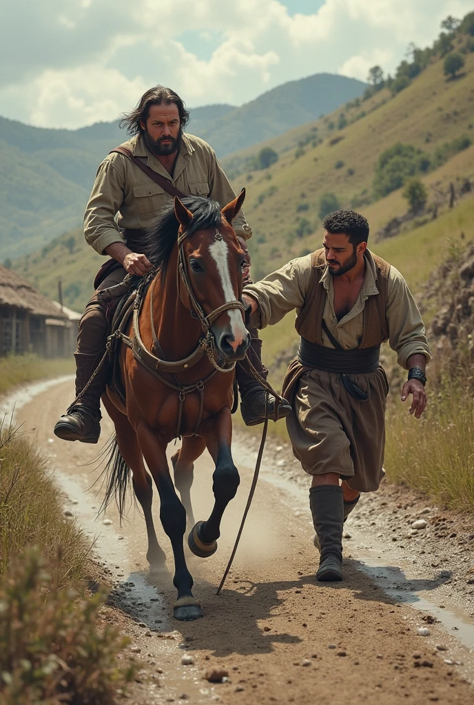 A POOR, THIN, SHIRTLESS GYPSY RIDING A HORSE WITH A MAN RUNNING BEHIND HIM.