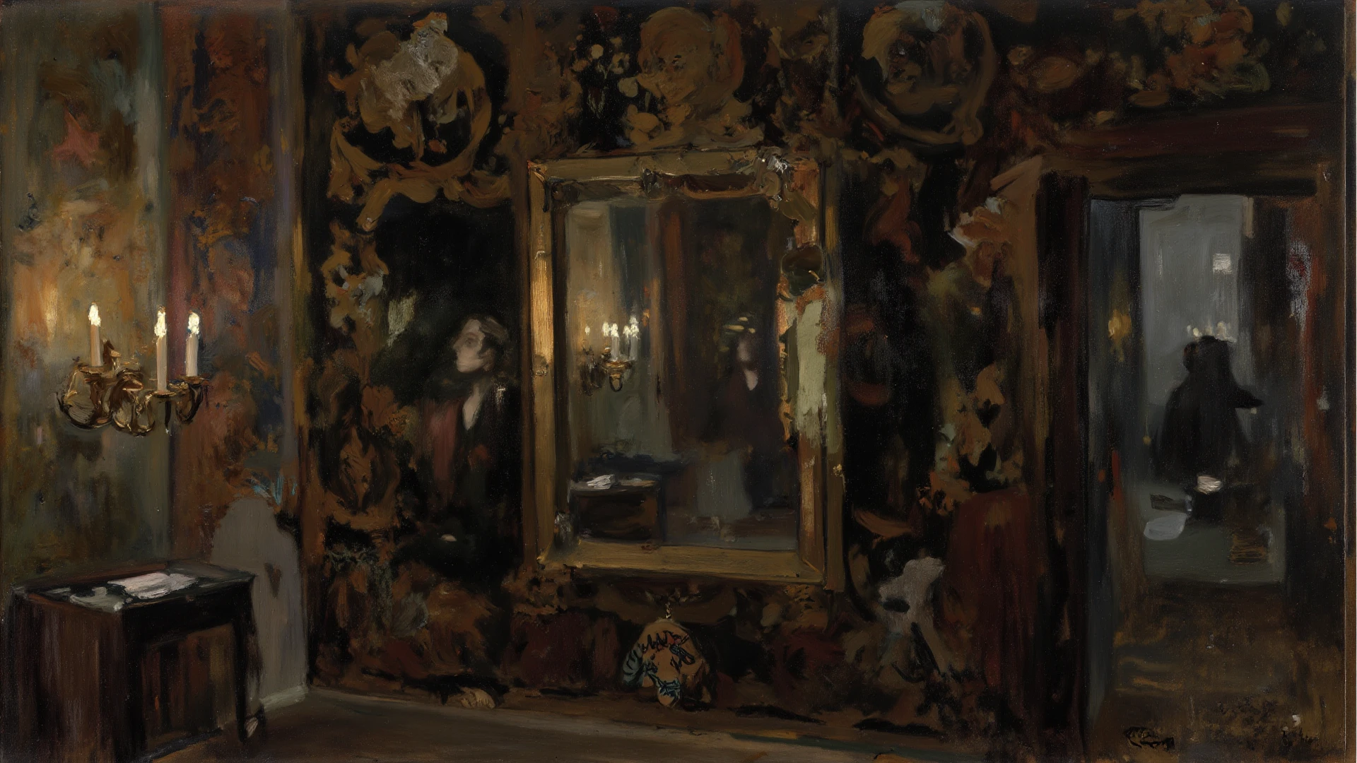 <lora:William Merritt Chase Style:1>William Merritt Chase Style - a 19th century oil painting of an interior of a fancy house. A study in the impressionistic style of Auguste Rodin with very loose, impressionist brush strokes. A muted neutral color palette