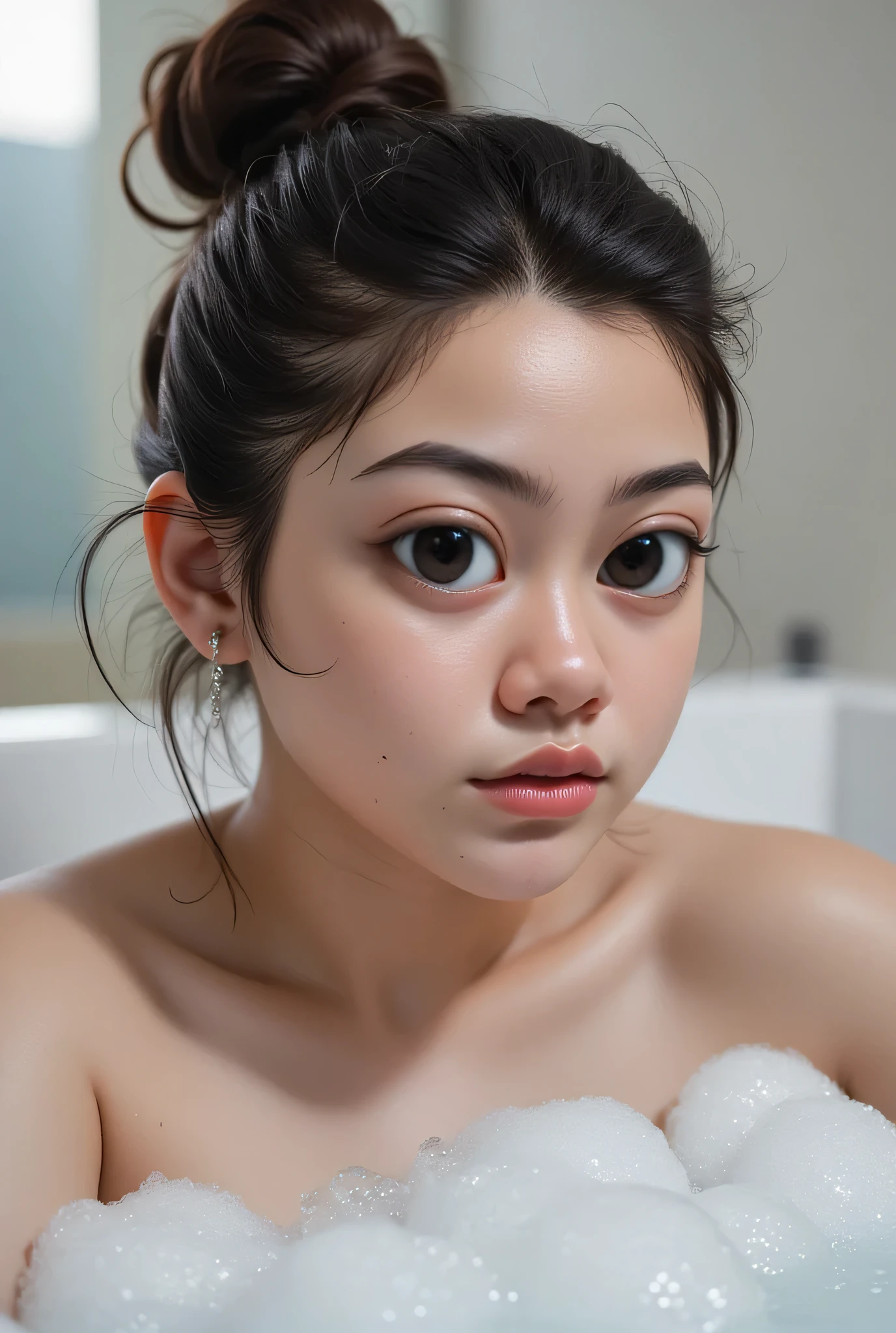 The facial reaction is very gloomy and sad, CREATE ANIME CARTOON 3D PHOTO, "A highly realistic, ultra-detailed portrait of a woman relaxing in a bubble bath, captured in the best settings of a SONY A7R with a fast prime lens (f/1.8). The scene features a minimalist bathroom with soft, natural lighting, emphasizing the subject's smooth skin, delicate facial features, and the dynamic texture of the foam. Hyper-detailed textures, cinematic lighting, and a sharp focus create an immersive depth. 32K resolution, photorealistic rendering, skin pores and water droplets visible, ultra-sharp image, professional photography style." Wajah KELIHATAN muram Dan sedih, chubby cheeks, Punk Haircut.