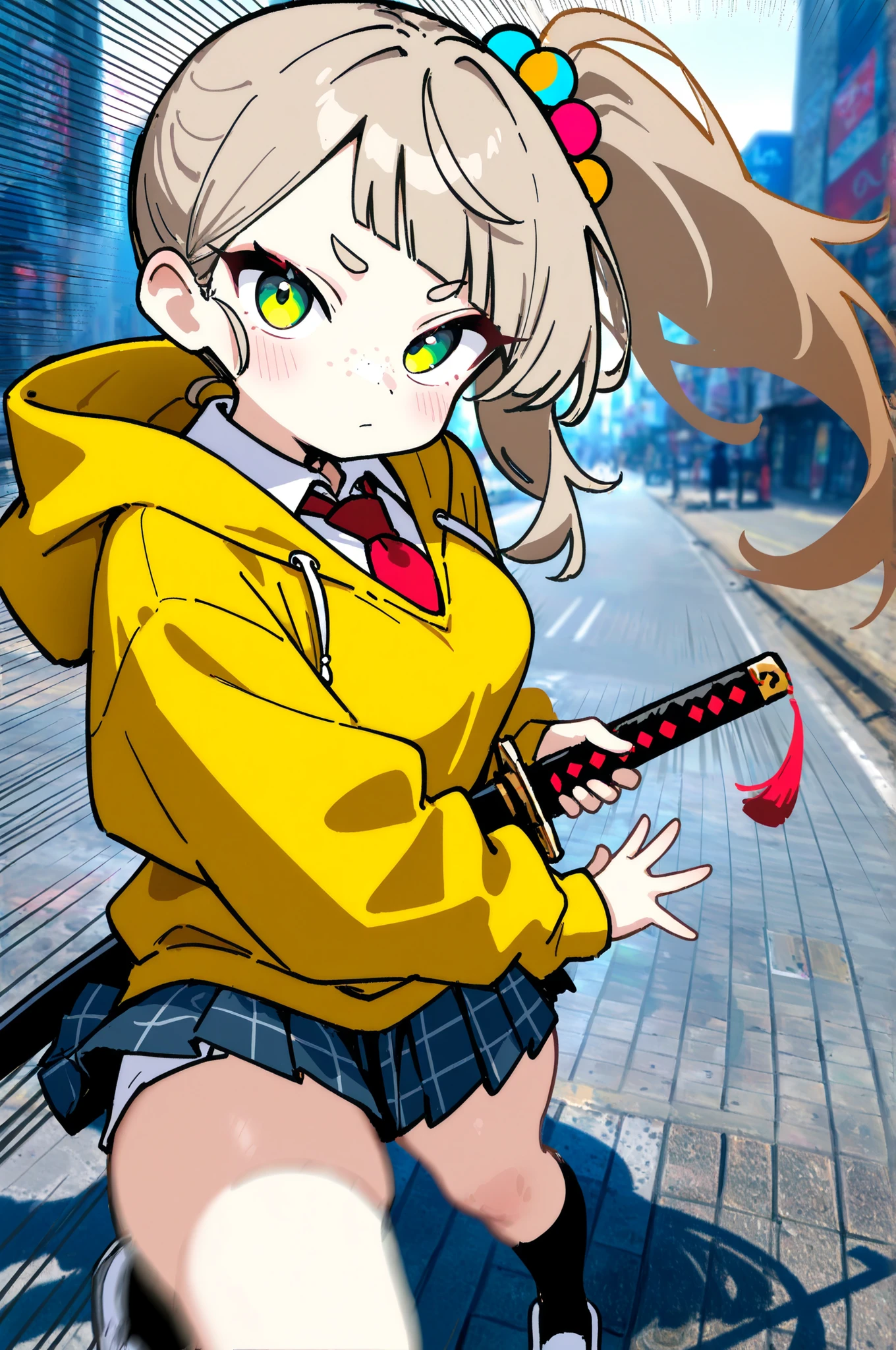 (close-up:2.0), (emphasis lines, motion blur:1.5), street, tokyo \(city\), photo background, masterpiece, best quality、
///hair color/// light brown hair,
///hair style/// long side ponytail hair and colorful beaded hair accessories, (diagonal bangs), (hime cut:0.7), single long sidelock,(masterpiece, best quality, anime style), dynamic dramatic composition, foreshortening ignored, character holding a Japanese katana, the blade pointed directly at the viewer, exaggerated perspective, glowing blade, intense expression, wind blowing hair and clothes, background abstract and minimal, motion blur, speed lines, high detail, cinematic lighting, dramatic shading, bold contrast, close-up from a low angle, over-the-top pose, high impact, eye-catching
///eye color/// green eyes,
///eyebrows/// thick and long eyebrows,
///skin color/// tanline,
///other features/// freckles,
///body shape/// (slender:0.7), (curvy:0.6), , (super model, small head), ((wide , thick thighs):0.6),
///clothing/// school uniform, yellow slim hoodie, zip-up, white collared-shirt, red tie, blue plaid pattern pleated skirt-hem, mini skirt, high socks, shoes,