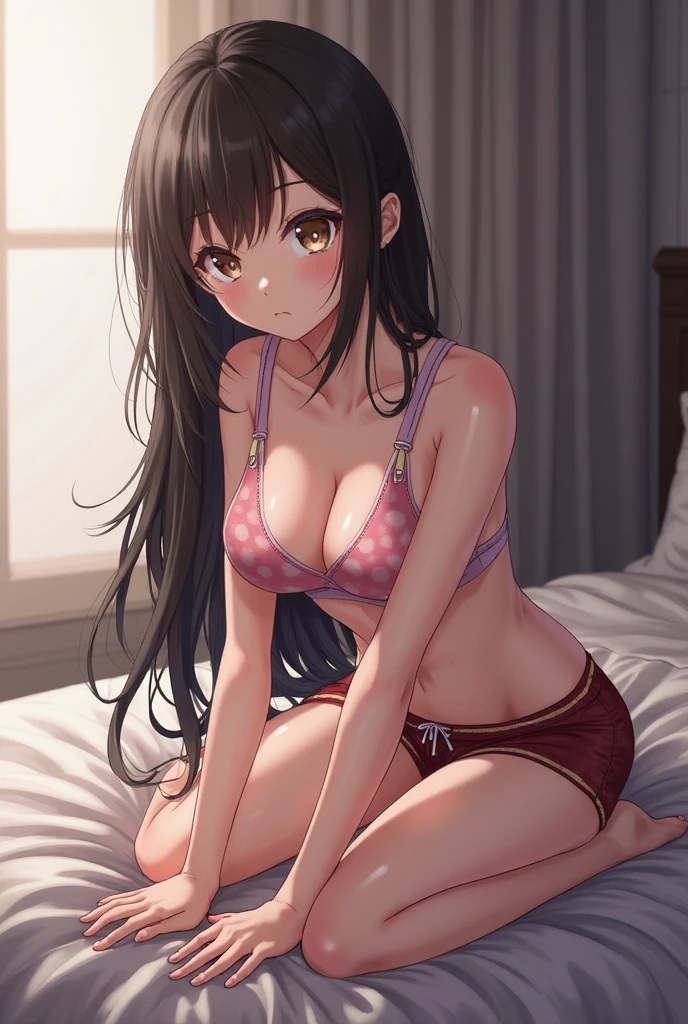 (super flat, flat shading, flat color:1.1)、An illustration、(One Asian boyish girl)、(cute:1.2)、Very beautiful 14 year old girl manga、cheeks are red、(high detail skin: 1.2)、Photorealistic anime girl rendering、Realistic anime 3D style、beautiful brown hair、intense black eyes、strong eye highlights、(get used to it、Medium chest)、perfect anatomy、hair is dirty、(sweaty)、Pale pink underwear、(wet with water)、spread your legs、head tilt、sit on the sofa、volume lighting、light from the front、bright、bright色、watercolor painting、hair band、frills、Camel claws, belly button