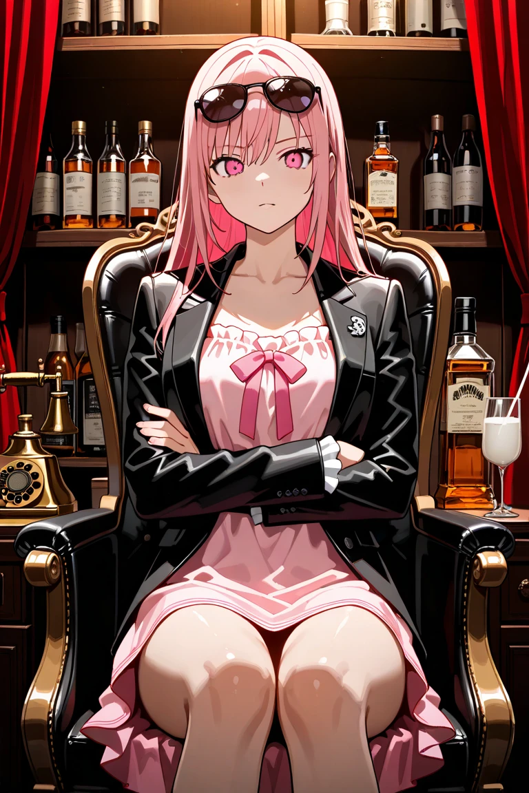 bottom view, 90s style, retro art style, single, 1 girl, cute face, light purple eyes, detailed pupils, long hair straight bangs, pink hair, bangs, medium breasts, hat, white beret, yellow jacket, long jacket, pleated skirt, short skirt, red skirt, white top, belly button, visible panties, white panties, white stockings, black garter belt, white sneakers, glass in hand, sitting, legs slightly open, high stool, bar interior, liquor bar, bartender, people, lights