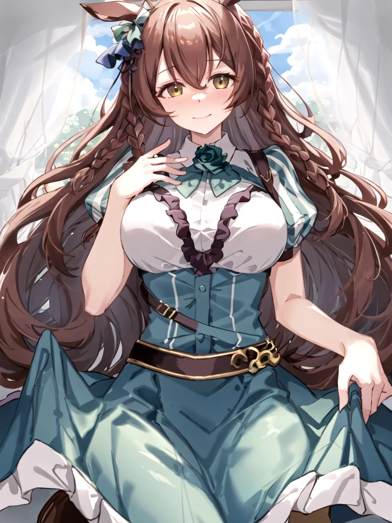 masterpiece, best quality, 1 solo girl, light brown hair, green eyes, long hair, medium breasts, sexy body and face, wavy hair, smile, early 1800s modest dress with silk or cotton, bonnets, corsets with aristocrat status, shawls, white gloves, high necklines, long sleeves, and a fitted bodice with a full skirt, under tied the chin, with ribbons, pendant, bracelet, jewelry, earrings, feather hair ornament, book, lying at the bed, night, sexy pose, cowboy shots, detailed body, face, and eyes, sharp focus, vibrant, creative, dynamic, high definition, high resolution, 8k, (Upscale: R-ESRGAN 4x+ Anime6mage enchance:4x), voluptuous body, cinema lightning, dakimakura style, looking at the viewer,