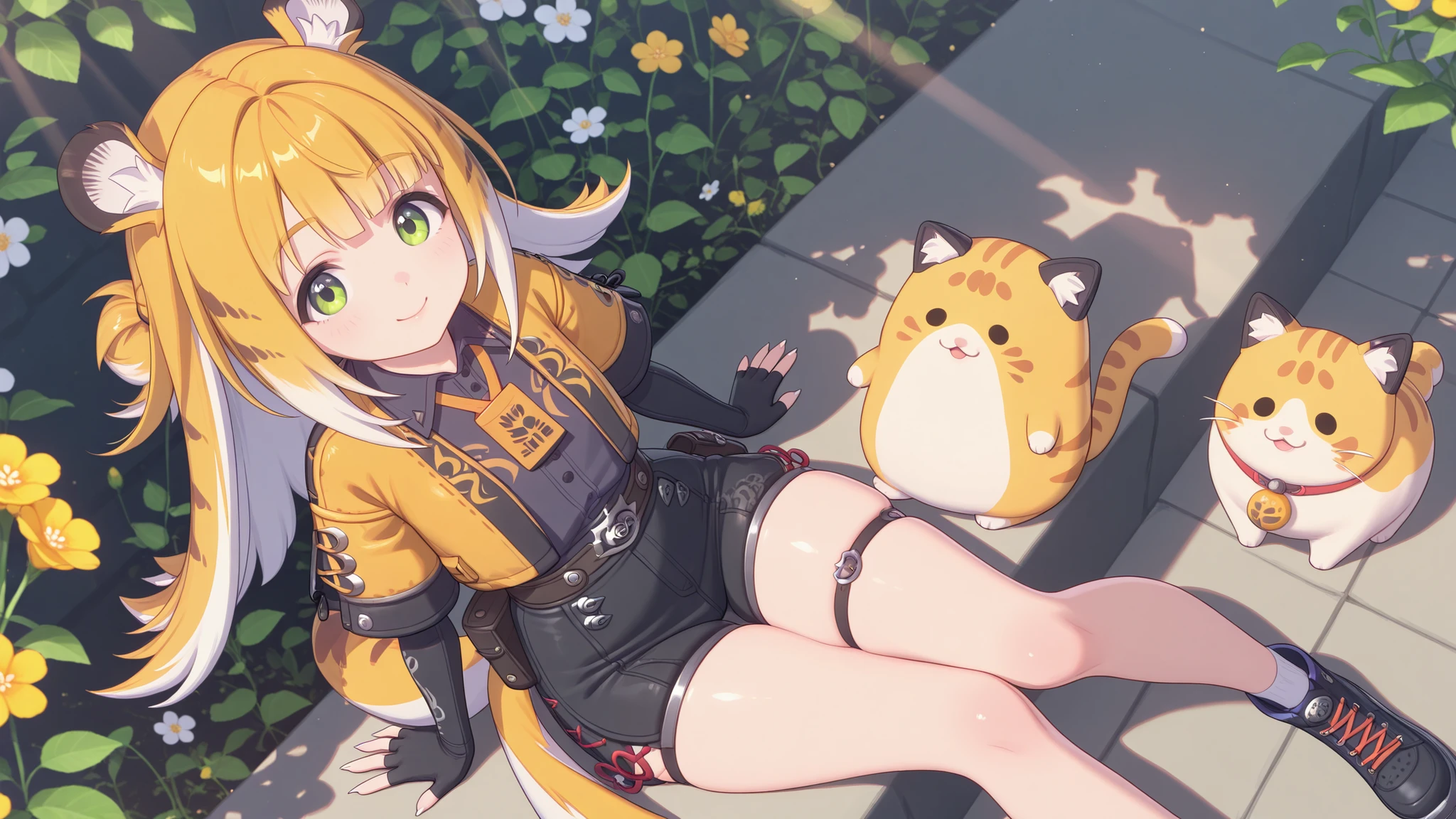 shiny skin, Posing,
JuFuFu,
Shine, Shine, sun beam, flowers on the background , fat cat sitting in the background
high angle, looks at the viewer,
sweet smile, shows claws,