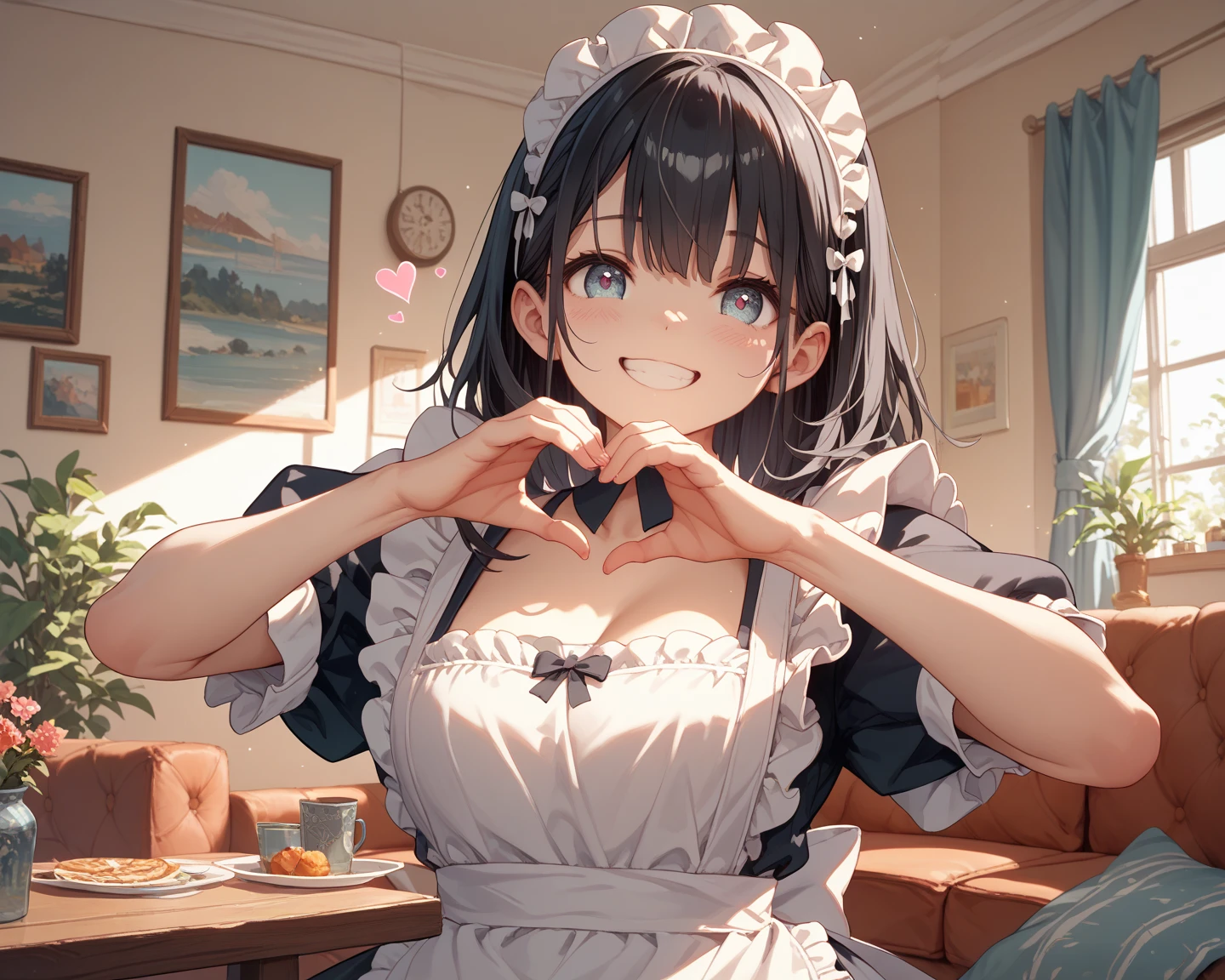 (masterpiece), best quality, (warm color:1.2), (warm lighting:1.2), (((warm skin tone))), Beauty, Maid costume, Very detailed, (large round breasts:1.4), ((small perky nipples)), ((excessive cum on her breasts:1.8)), ((long thick strands of cum:1.4))
