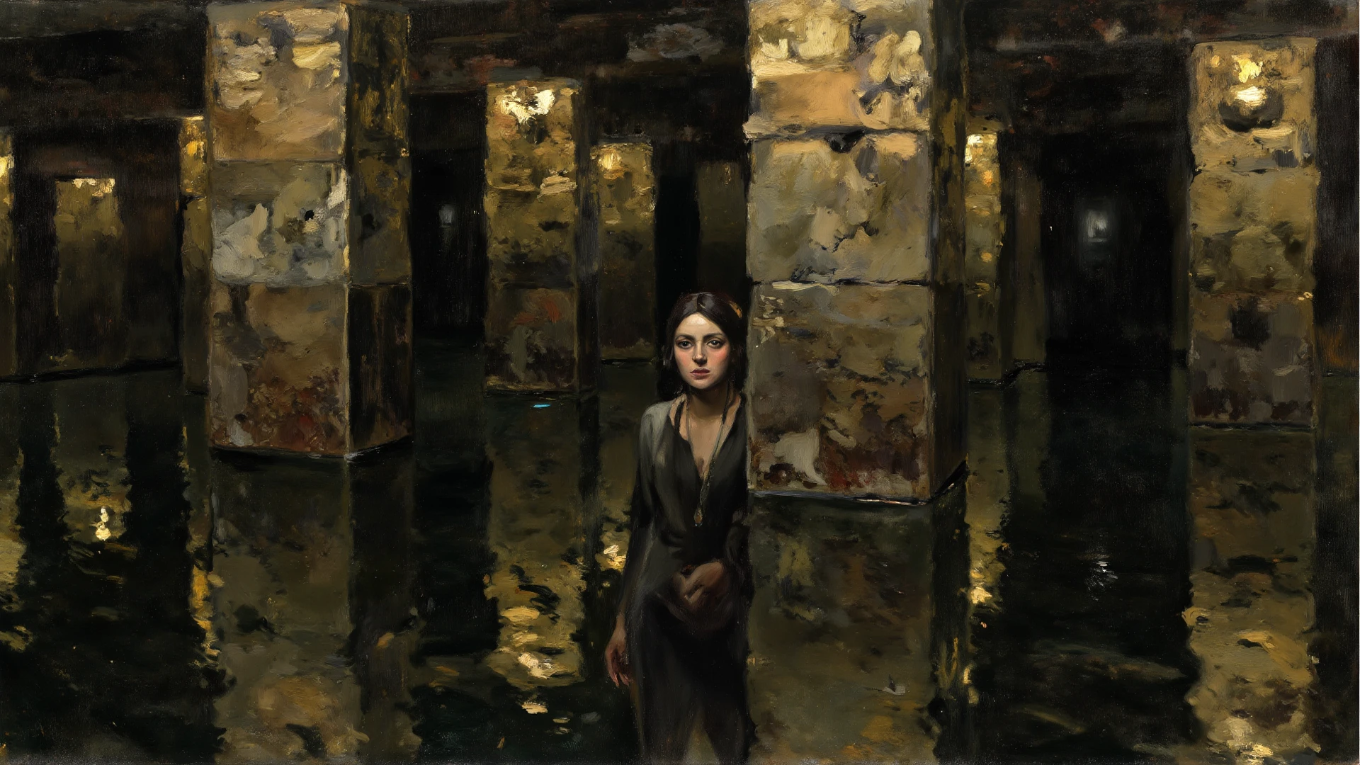 alone in the universe, in watercolor style, Photorealism, discreet golden and ruby and mint shades, (nude) a gentle, modest, thin girl of 16 years old with a very beautiful, sophisticated face of the southern type with a short dark hairstyle with beautiful breasts with tender nipples (barefoot) in a long old green skirt walking in the distance (Across the desert) with a flask of wine, stunted little plants, drought, precious jewelry on the neck and chest and on the wrists, precious bracelets, ankle bracelets