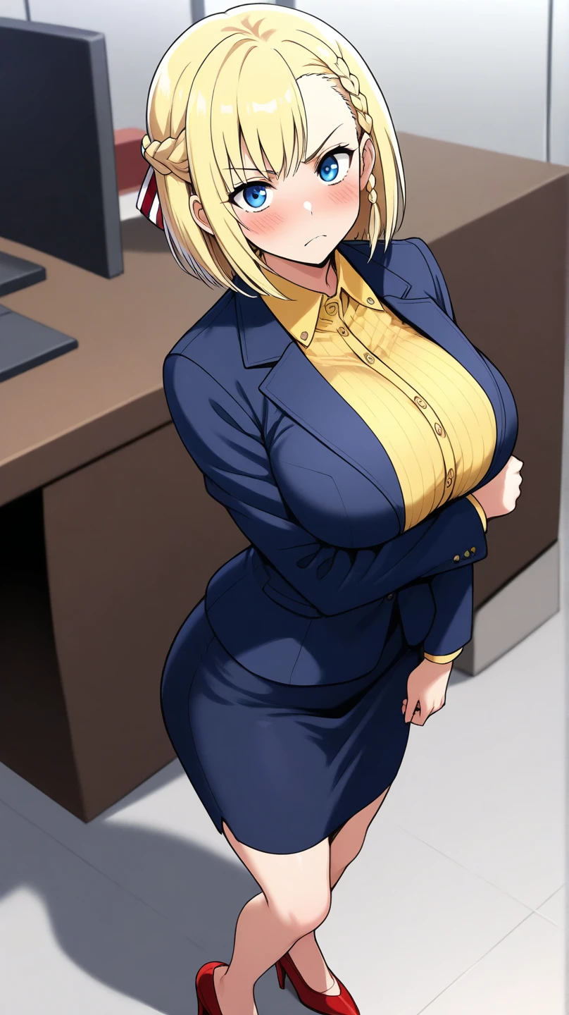 ((high detailed, best quality, 4k, masterpiece, hd:1.3)), BREAK night, window, moonlight, landscape, (in office), indoors, business office, office workers working in the office, many people are busy working, window, desk, chair, computer, ceiling light, Rosalina standing posing, BREAK neon blue eyes, seductive, attractive, sexy smile, smiling, smooth anime cg art, 36C breasts, (long fitness legs), vivid colors, detailed digital art, slim body, perfect skin, blonde hair, long hair, BREAK crown, cleavage, 36C cleavage, BREAK looking at viewer, extremely detailed face, navy_blue necktie, blue jacket, black shirt, blue pencil skirt, full body, (blue high heels), earrings, gem, dark black makeup lips, dark gothic eyeshadows, dark eyeshadows, black eyeshadows, black sexy lips, black lips, (dark:1.2), dark lips, very dark lips, (perfect hands, perfect anatomy), black makeup, detailed fingers, five fingers per hand, 5 fingers, (1 girl), detailed lips, detailed black lips, black painted lips, gothic painted lips, (breast focus), (breasts out:1.3), (arms rised:1.3), (arms up:1.3),