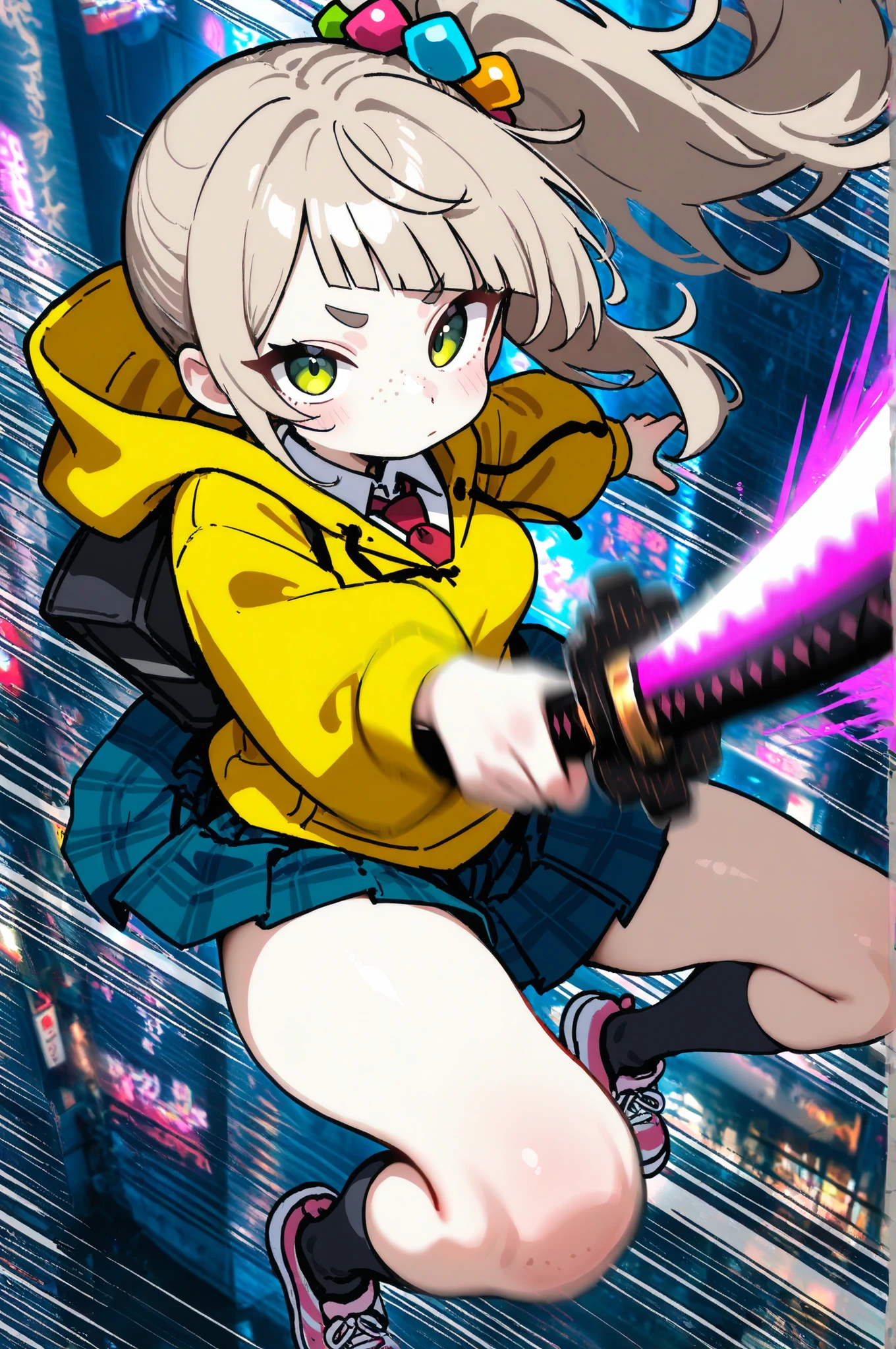 (close-up:2.0), (emphasis lines, motion blur:1.5), street, tokyo \(city\), photo background, masterpiece, best quality、
///hair color/// light brown hair,
///hair style/// long side ponytail hair and colorful beaded hair accessories, (diagonal bangs), (hime cut:0.7), single long sidelock,(masterpiece, best quality, anime style), dynamic dramatic composition, foreshortening ignored, character holding a Japanese katana, the blade pointed directly at the viewer, exaggerated perspective, glowing blade, intense expression, wind blowing hair and clothes, background abstract and minimal, motion blur, speed lines, high detail, cinematic lighting, dramatic shading, bold contrast, close-up from a low angle, over-the-top pose, high impact, eye-catching
///eye color/// green eyes,
///eyebrows/// thick and long eyebrows,
///skin color/// tanline,
///other features/// freckles,
///body shape/// (slender:0.7), (curvy:0.6), , (super model, small head), ((wide , thick thighs):0.6),
///clothing/// school uniform, yellow slim hoodie, zip-up, white collared-shirt, red tie, blue plaid pattern pleated skirt-hem, mini skirt, high socks, shoes,