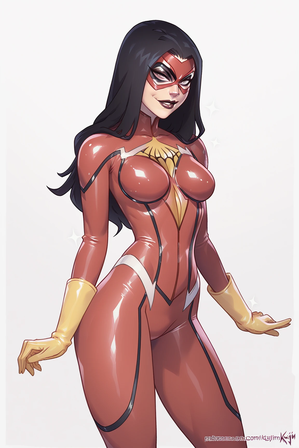 Obra maestra, La mejor calidad:1.2), ((muscular:1.5)) ((hembra:1.5)),tetona,curva, ((girlish)), sexy, Grande_Tetas,(Pintura digital: 1.4), Una hermosa mujer con un disfraz de Spider-Woman, Frente al espectador, De pie en un edificio, Antecedentes urbanos, La mejor obra maestra, Muy alto detalle, realista, 8k,