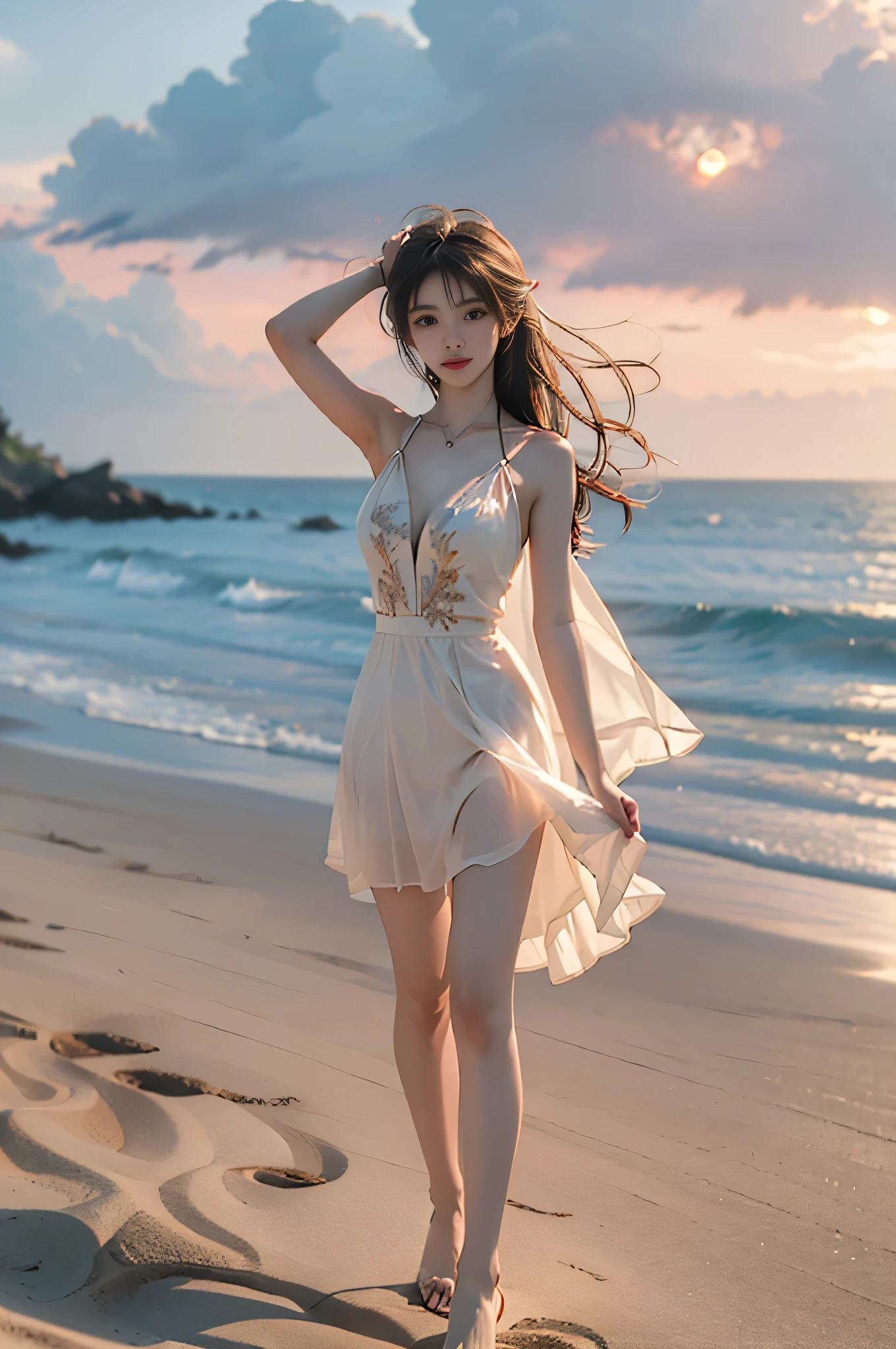 acjc,jtheng ,,((full body, from below)), (masterpiece, best quality, ultra-detailed, 8k), realistic, a beautiful sexy long-legged model on a tropical beach, (I-type Valley), (Full breasts, visible cleavage, very short skirt hem, exposed shoulders), (Tyndall Effect), (At night,:1.3 moonlight:1.3), standing in shallow water, one hand playfully lifting her hair, the other gently raising the hem of her flowing summer dress, seductive pose, perfect and symmetrical leg anatomy, glistening water, soft natural lighting, (wind blowing gently:1.1), (ambient lighting:1.2), bokeh, cinematic shot, dynamic angle, professional photography, shallow depth of field, sharp focus, vibrant colors, (slightly tanned skin:1.1), (natural makeup:1.1), (delicate features:1.1), (ocean waves gently lapping at her feet:1.1)