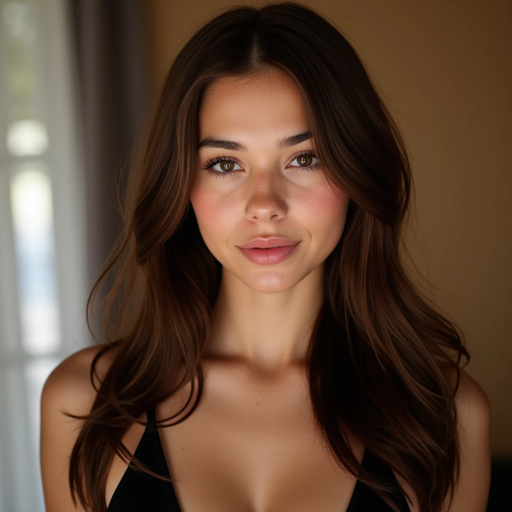 A closeup of a woman in a basic brown top posing for a photo, Retrato Sophie Mudd, cabelos castanhos e um corpo perfeito, mulher jovem bonito, good young girl, lindo modelo jovem, mulher jovem muito bonita, Uma bela jovem mulher, menina jovem bonita, menina atraente, 18 anos, Anna Nikonova aka Newmilky, 2 Modelo feminina de 4 anos