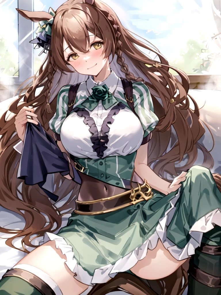 l414 terumi mei, very long hair, hair over one eye, single hair bun, brown hair, green eyes, fishnets, bare shoulders, blue dress, belt, fishnet pantyhose