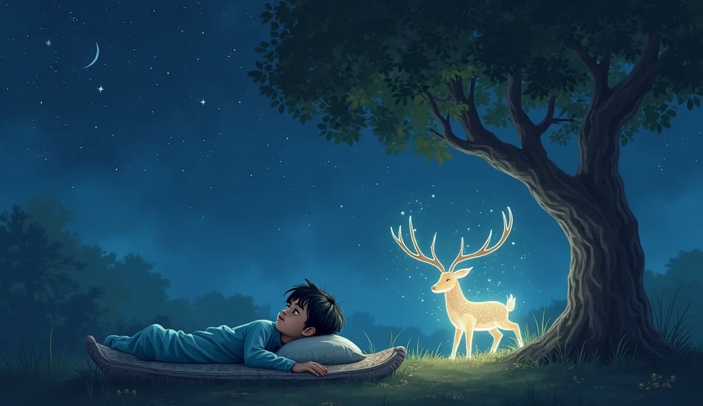 The boy slept on a hammock tied to a tree, in a forest lit by moonlight, fireflies, a stream, and a deer.