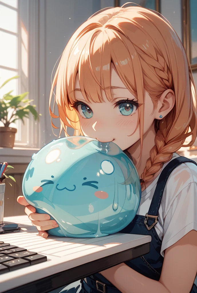 JosieDeo1SD a girl holding a cute slime in a magic classroom, (cute slime creatures black button eyes transparent:1.2), smilling shy , perfect body, teasing being very sexy and alluring