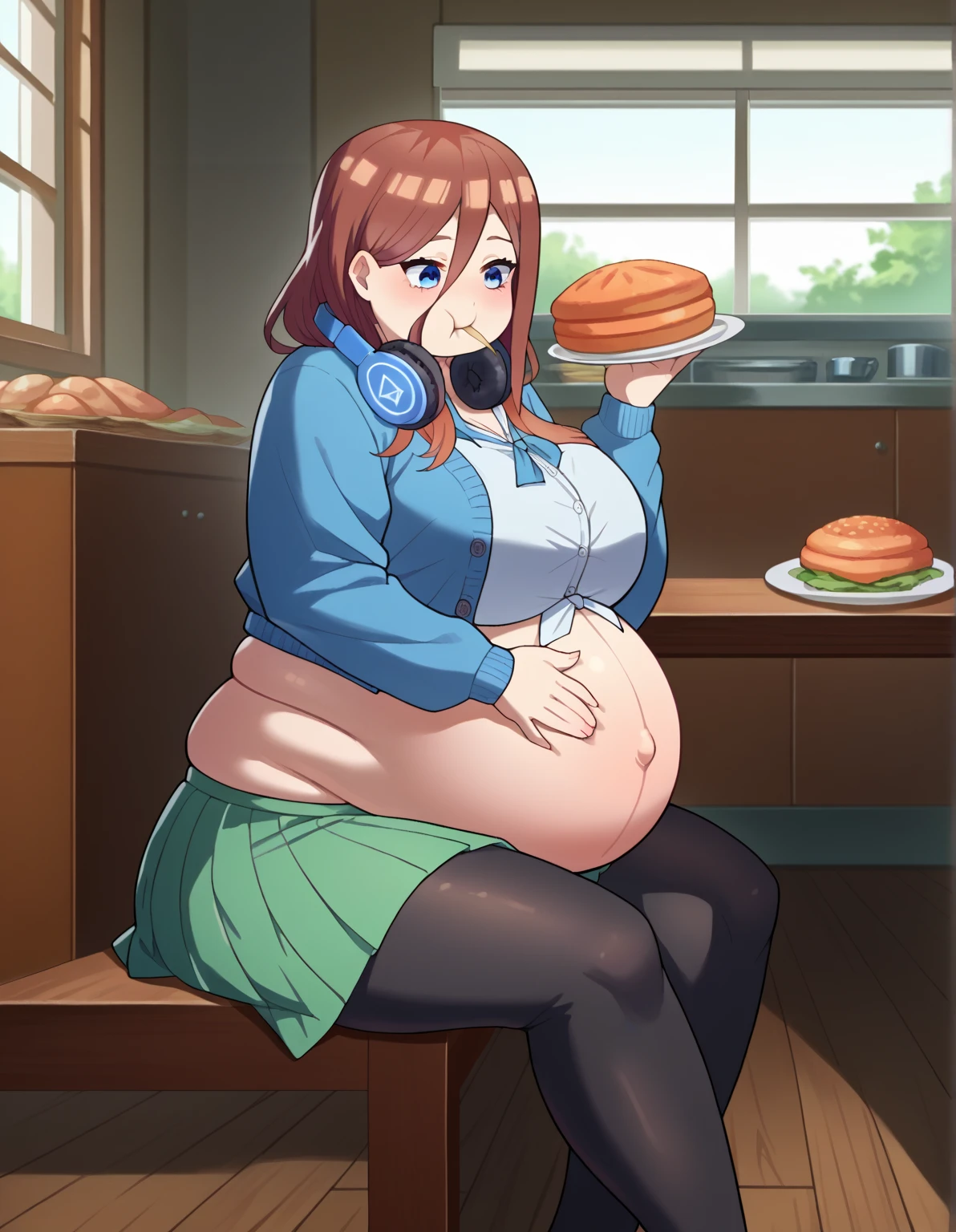 fat, large belly, standing, big belly, very fat, large stomach, chubby (best quality, masterpiece), fat belly, Akane Kurokawa, Akane, fat, large belly, standing, grabbing belly, very fat, large stomach, chubby (best quality, masterpiece), fat belly, at, large belly, standing, grabbing belly, very fat, large stomach, chubby (best quality, masterpiece), thanksgiving, wearing sweater, grabbing belly, sitting down, table with of food, table tons of food, lots of food, holding belly, table with food, sitting, eating  cream