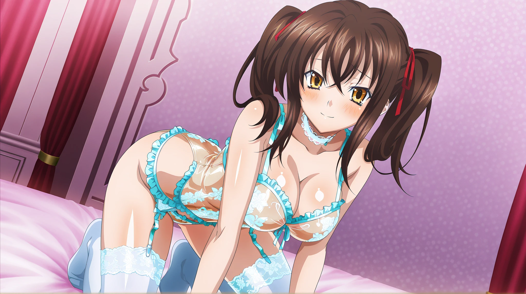 look, 1 girl, alone, hair ribbon, In underwear,white ruffle bra,white panties, clock, garter strap, Thighhighs, teeth, closed one eye, open your mouth, 1990s (style), cleavage, 視聴者をlookいる, jump,whole body,, retro artstyle,