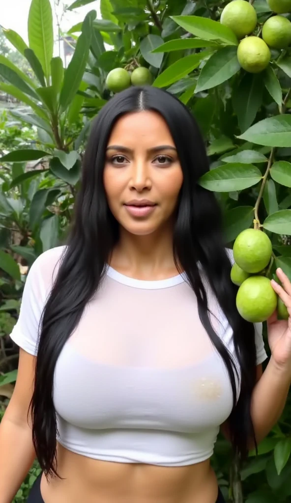 A beautiful Indian woman, approximately 28 years old, solo, is captured in a half-body image. She boasts super big, round breasts and a gym-toned abs belly that contrasts with her very big hips. She is dressed in a semi-transparent, tight men's half shirt, revealing her nude body in an alluring pose. The shirt clings to her curves, leaving little to the imagination. In a playful twist, she holds a banana up to her breast, hinting at a fun and sensual vibe. The image is realistic with a touch of artistic flair, showcasing her beauty in a bold and provocative manner.